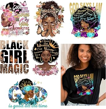 DoreenBow 6 Sheets Black Girl Iron On Patches Black Women Heat Transfer Stickers Afro Girl Iron on Stickers Decals Iron on Applique for DIY Clothing T-Shirt