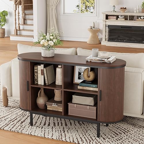 Miniatura 6 de QUW Mesa consola con puertas correderas de tambor, soporte de TV de 47 pulgadas con almacenamiento y estantes abiertos ajustables para televisores