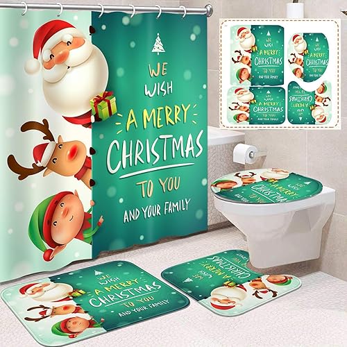 Emvency Juego de 4 cortinas de ducha de Navidad, Papá Noel con cortina de ducha de regalo con alfombras antideslizantes, cubierta de tapa de inodoro