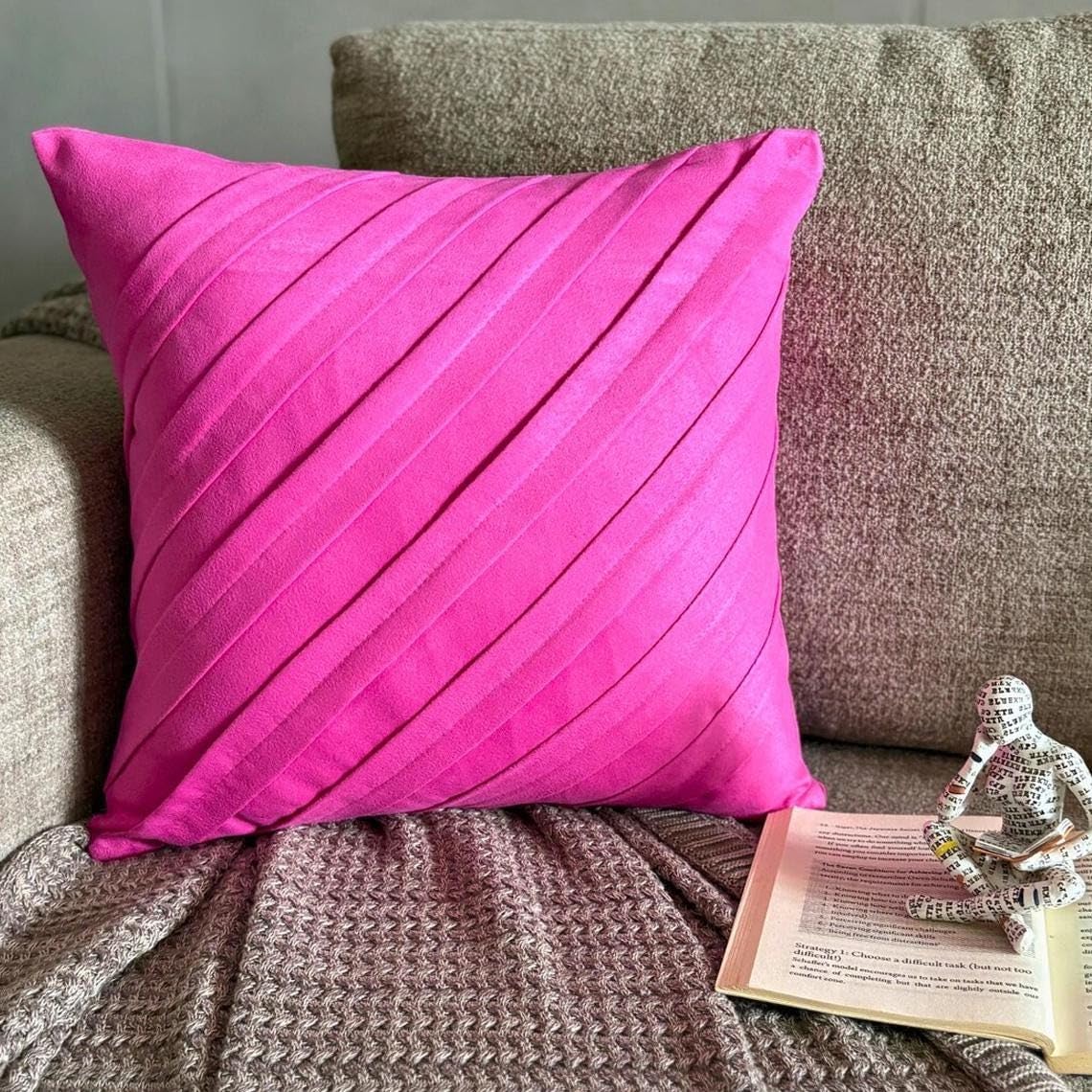 The HomeCentric Cushion Cover for Couch, Fuchsia Pink Pillowcase Zipped 16x16 inch (40x40 cm) Suede Throw Pillows Couch, Solid Color, Pintucks, Textured, Striped, Contemporary - Contemporary Fuchsia