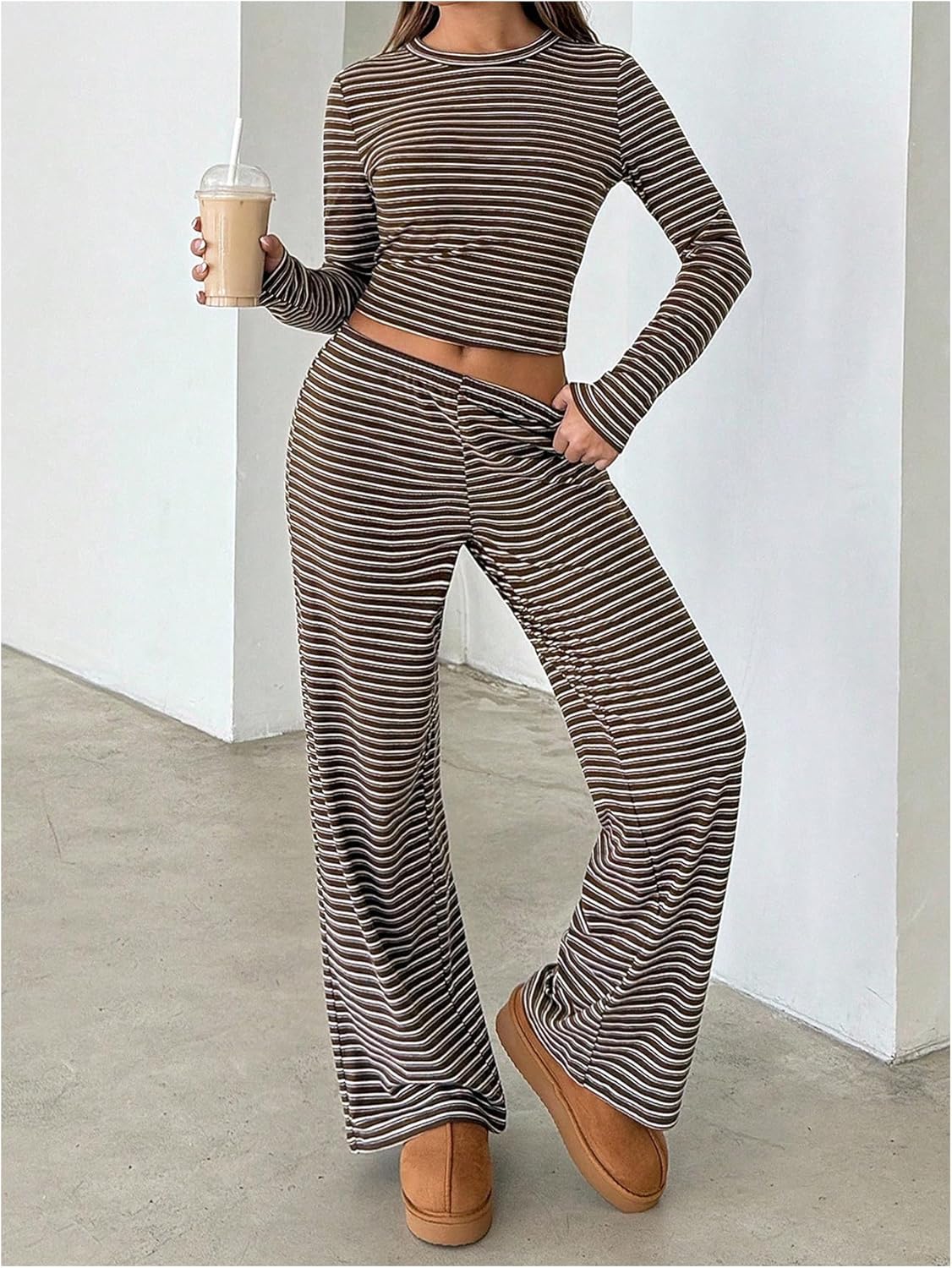 GORGLITTER Women's Striped Sweatpants Matching Set Long Sleeve Top and Low Waisted Wide Leg Pants Sets Two Piece Outfit - Image 5
