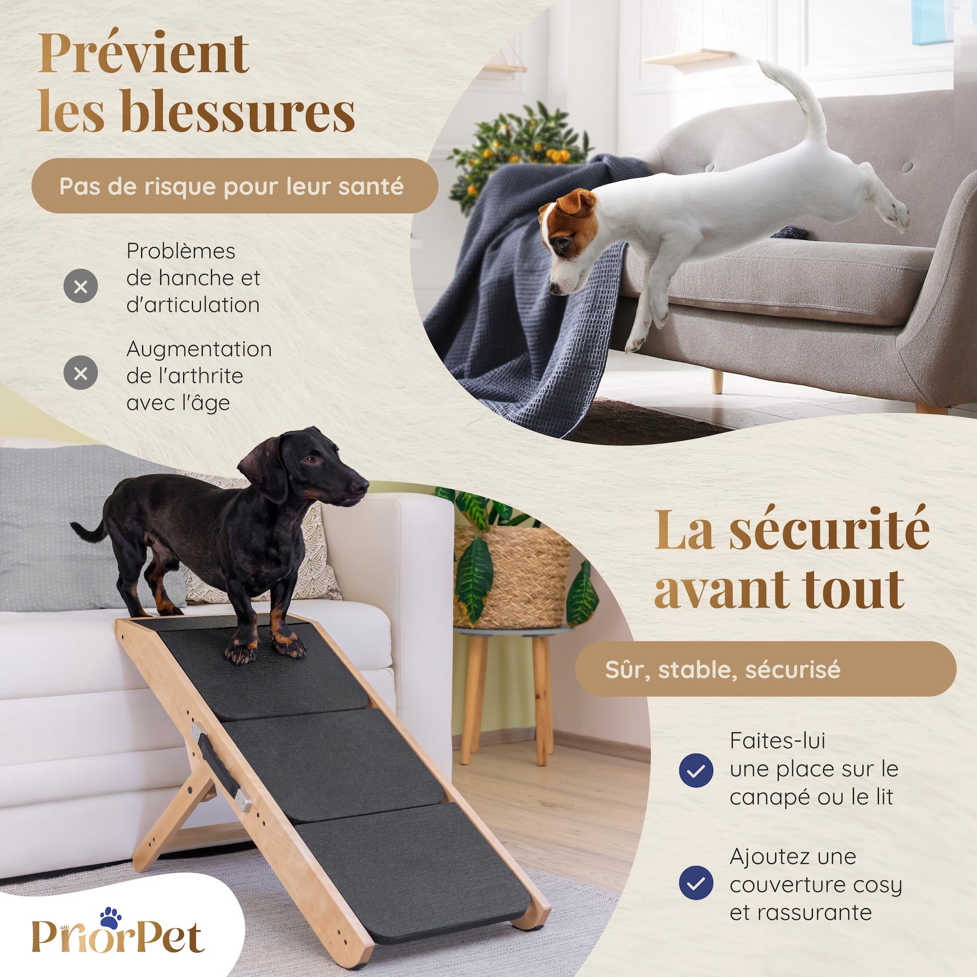 Escalier pour Chien canapé & lit 2-en-1 Rampe Chien réglable en Hauteur pour canapé 18-50 cm - Escalier pour Animal - Escalier Transport Facile avec Plateforme, Naturel