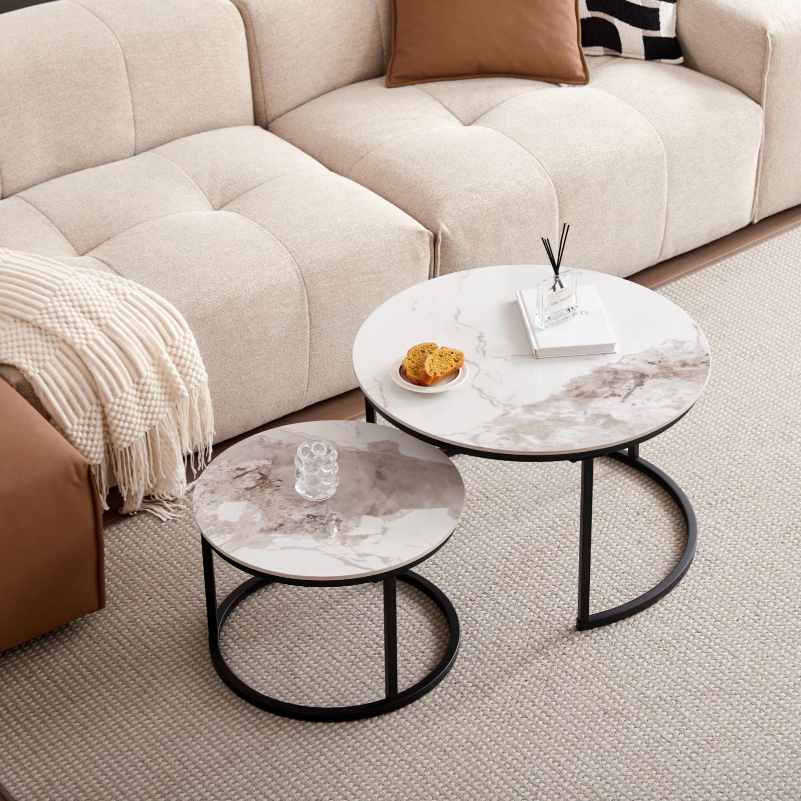 Runder Couchtisch, Beistelltisch aus Pandora-Sinterstein für das Wohnzimmer, Nordischer Couchtisch mit Metallbeinen, Geeignet für Wohnzimmer, Balkon, Schlafzimmer – Schwarzer Rahmen