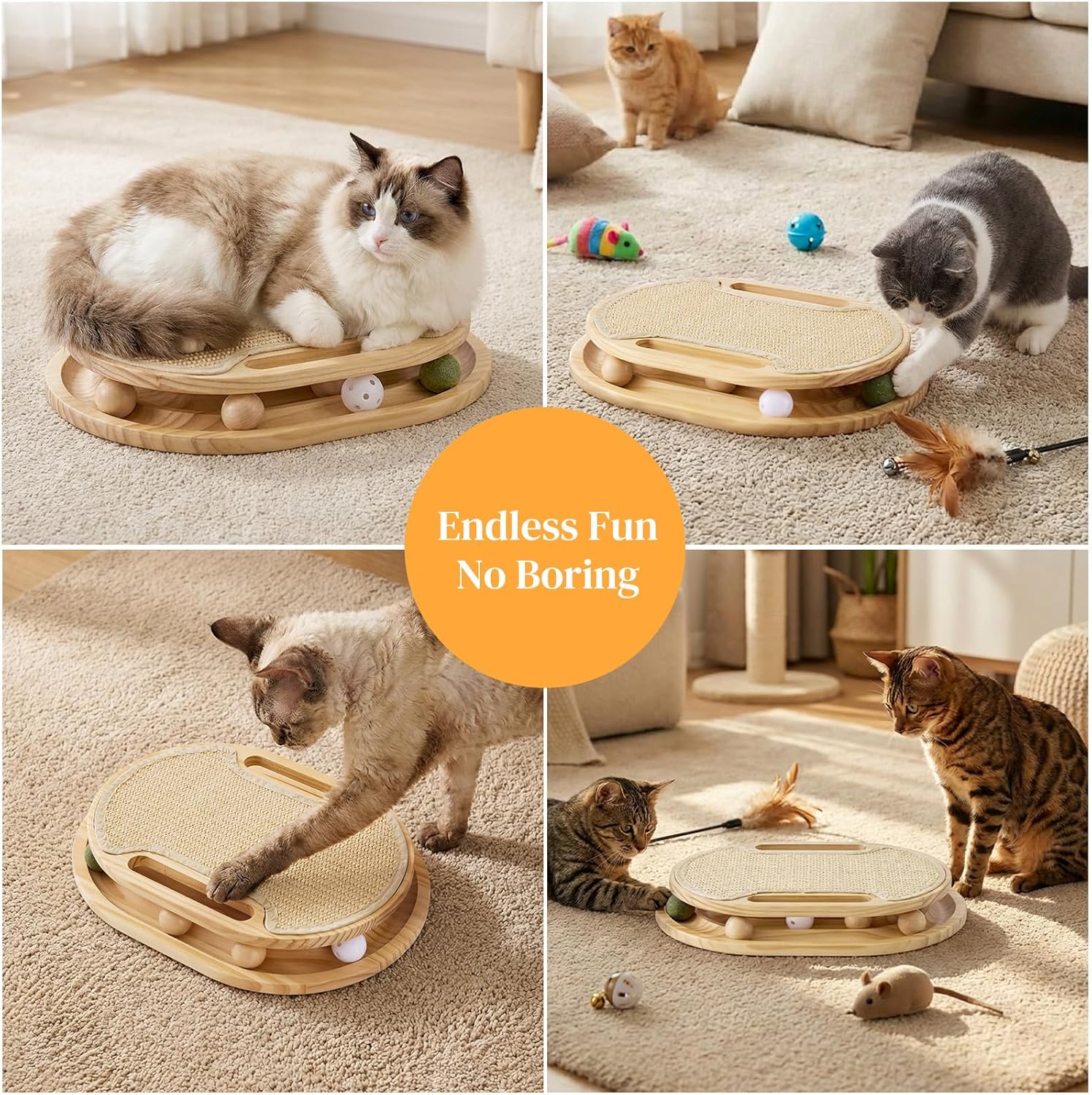 Cat Scratcher with Ball Track Toy, Large Sisal Scratch Pad for Indoor Adult Cats, Wooden Interactive Cat Puzzle Toys for Kitten Mental Stimulation Self Play Home Enrichment