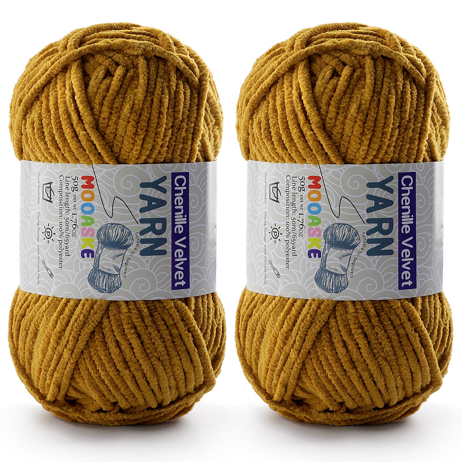 Photo 1 of 2 Pac Chenille Yarn for Crocheting - Blanket Yarn for Crocheting - Fluffy Yarn for Crochet, Baby Yarn for Crocheting Soft Blankets Weight Per Roll 50g/1.76oz, Length 60m/65yard (Turmeric)