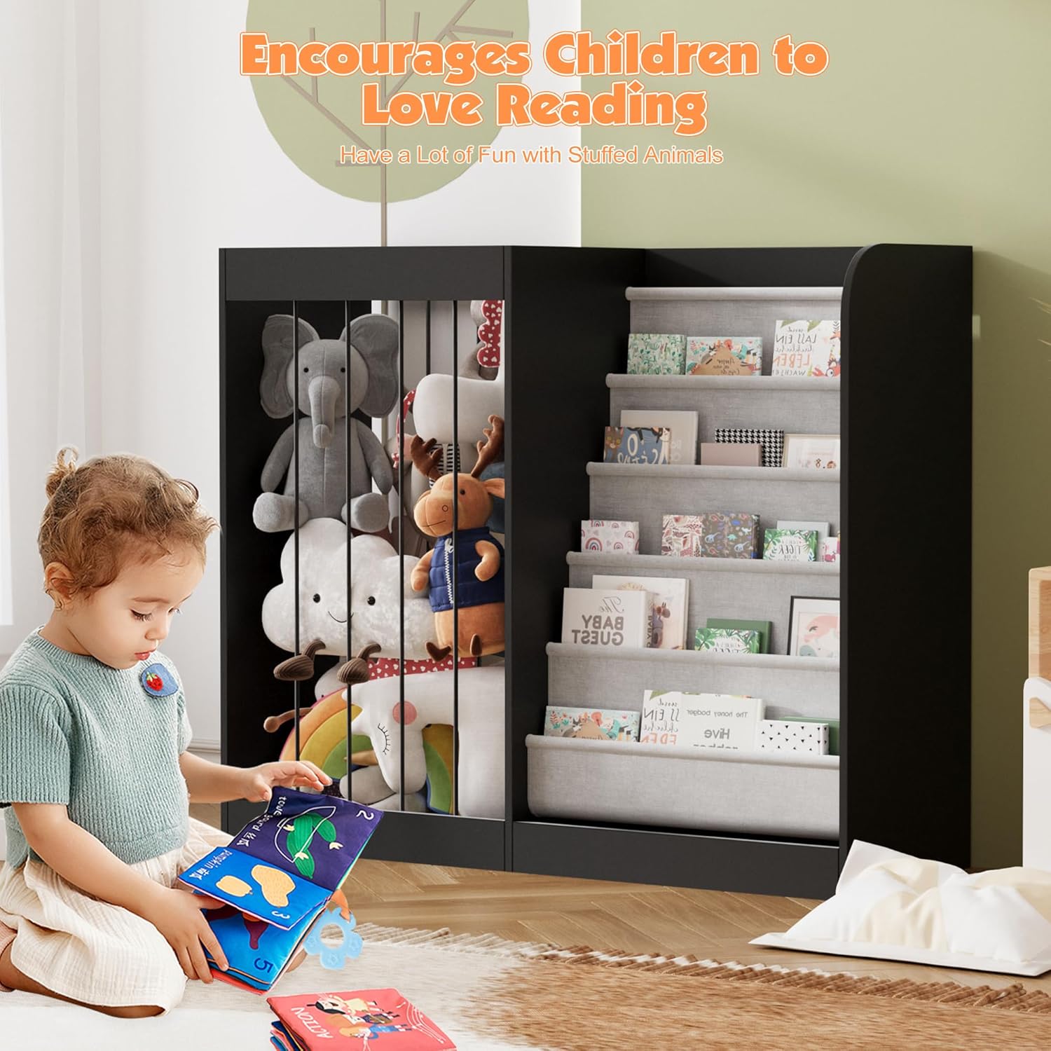 NACHES Kids Bookshelf & Stuffed Animal Net Holder 5 Tier Sling Bookshelf and Plush Toy Storage Organizer with Elastic Cord Montessori Toddler Bookcase for Kids Rooms Playroom Bedroom Nursery, Black