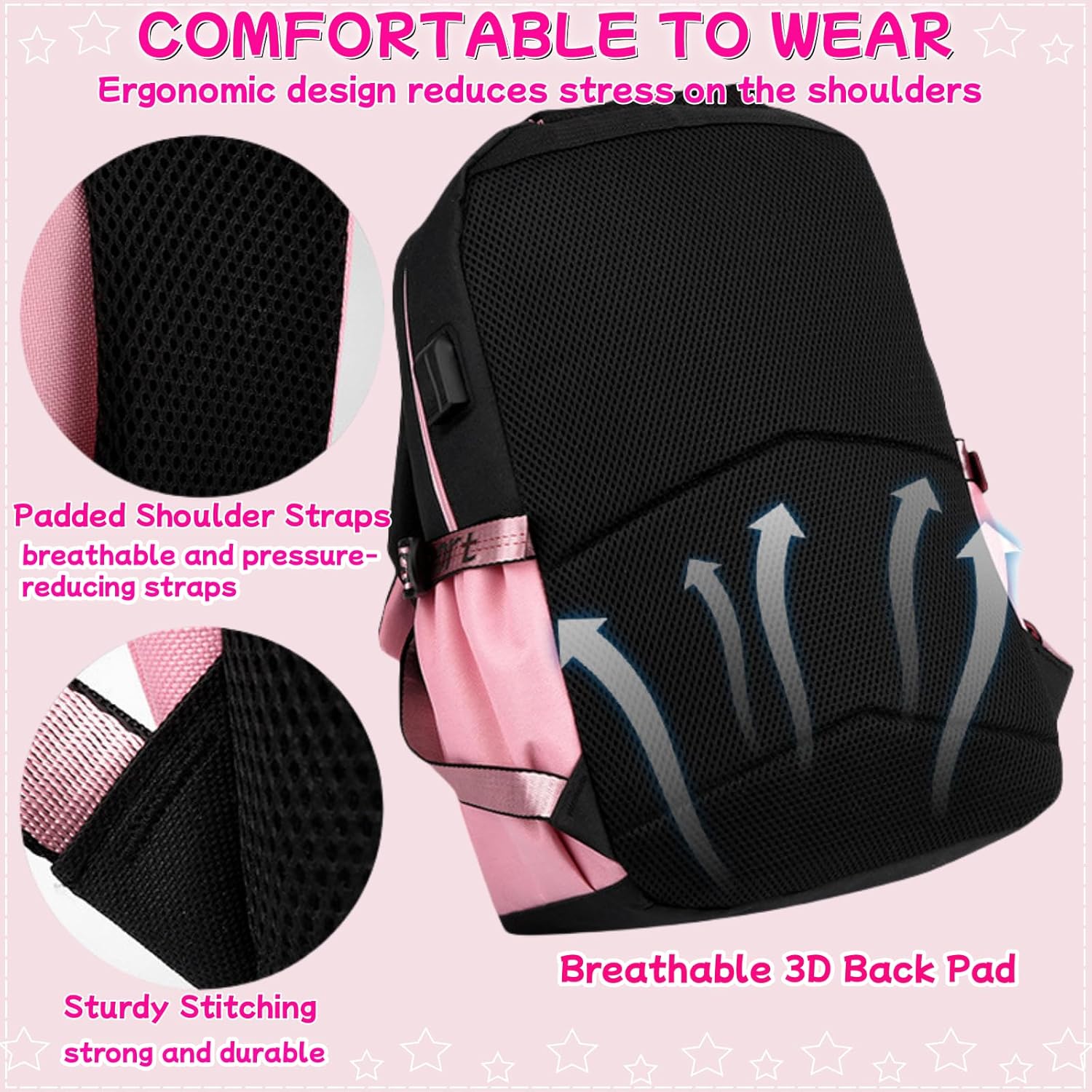 4 Pcs Girls School Backpack Kids Bookbag with Lunch Box and Case,17 Inch Teen Girls Boys Pink Backpacks for Primary Middle School