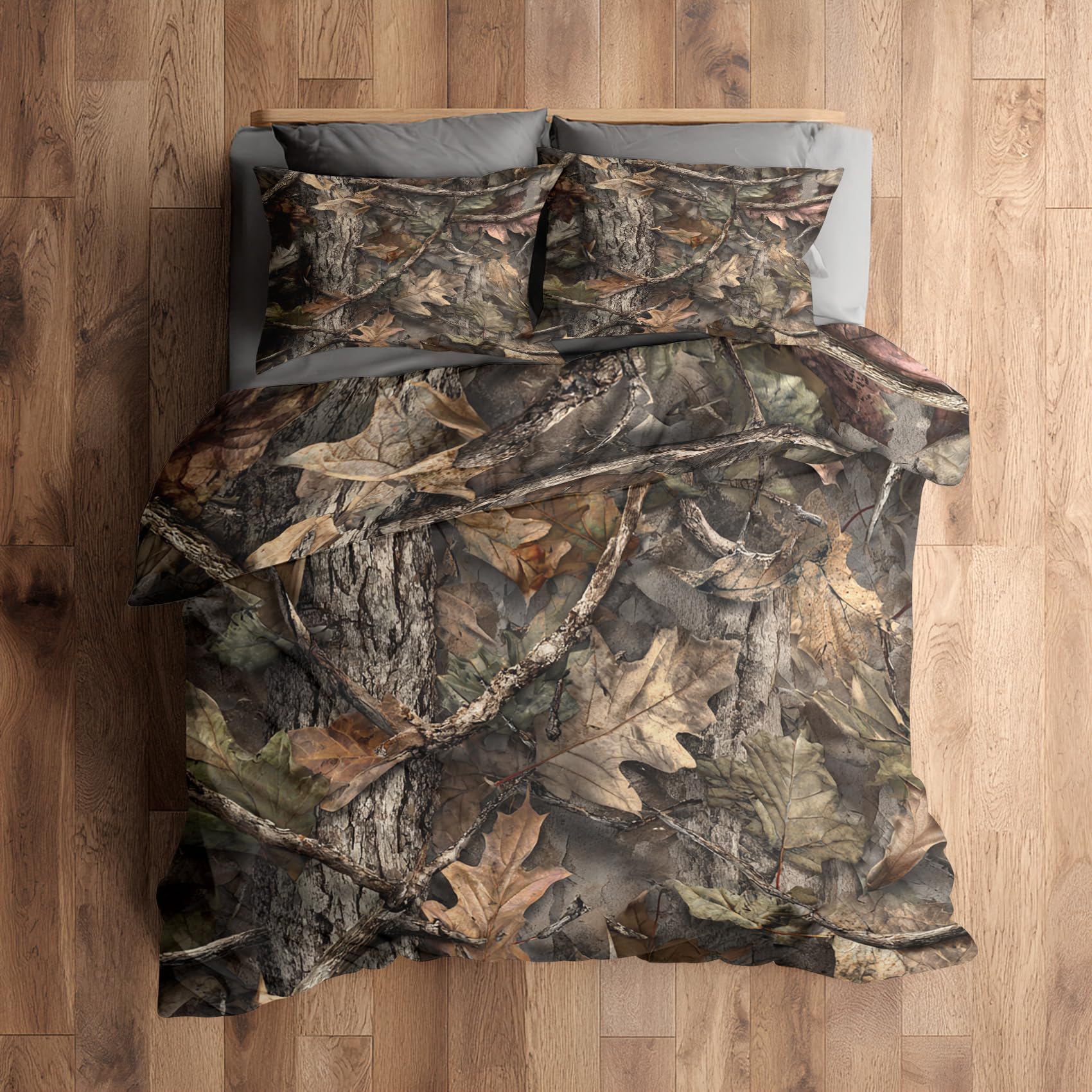 Parure de lit camouflage 200x200 avec housse de couette zippée et taies motif forêt C154N