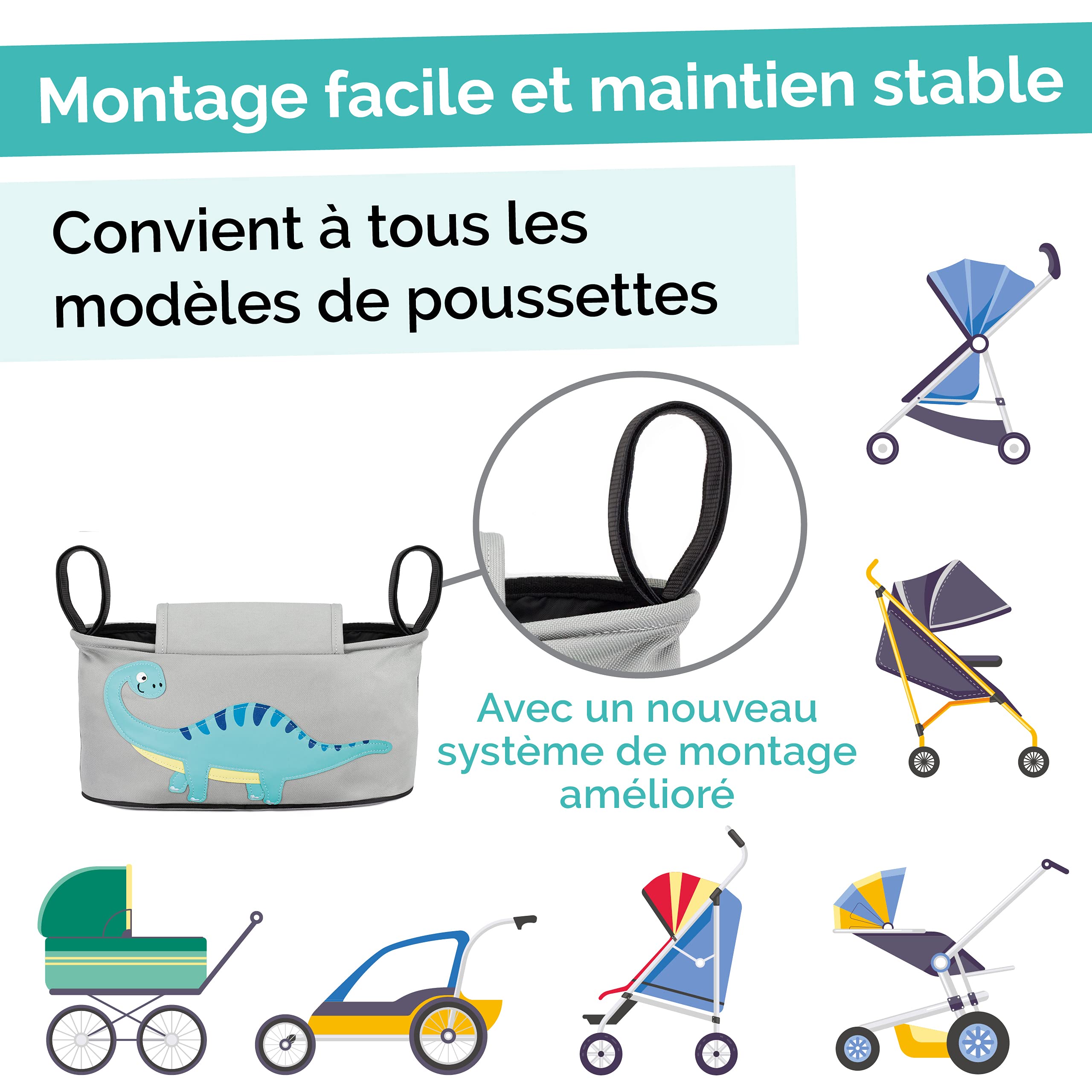 GLÜCKSWOLKE Sac Organisateur Poussette – 6 Motifs I Sac pour Landau I Pochette avec Distributeur de Lingettes I Baby Bebe Accessoire Garcon et Fille I Sacoche de Rangement - Motif Dinosaure Gris