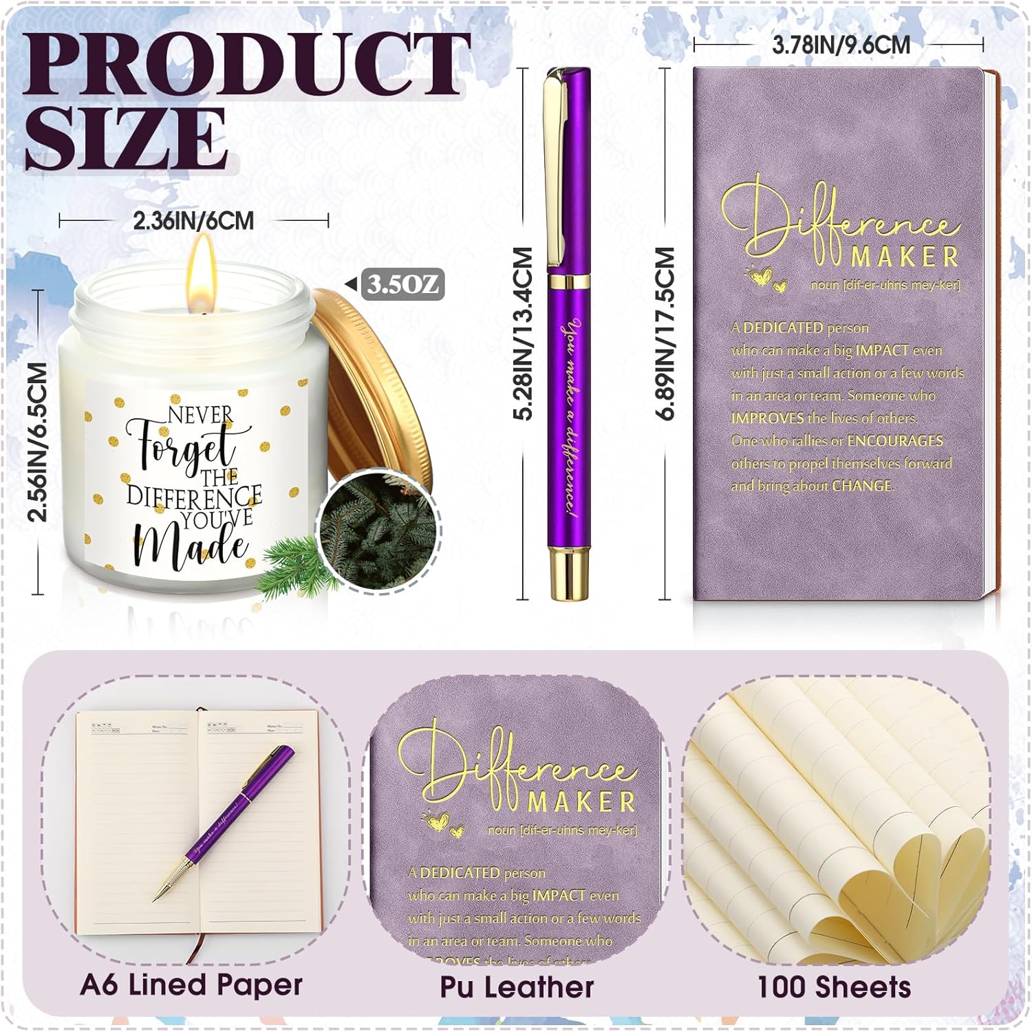 Vesici 4 Pcs Difference Maker Gift for Women Men Difference Maker Mug Notebook Candle Motivational Pen Employee Appreciation Gift for Teacher Mother Father Nurse Coworker Secretary(Purple,Word)