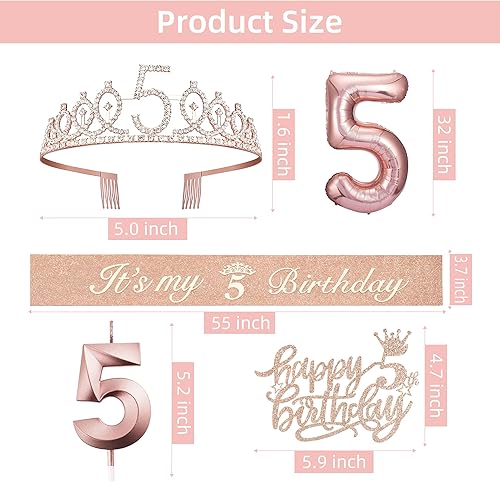 Miniatura 6 de PHD CAKE Decoraciones de cumpleaños número 5 para niñas, incluyendo coronatiara, banda, velas de cumpleaños, globo de número 5