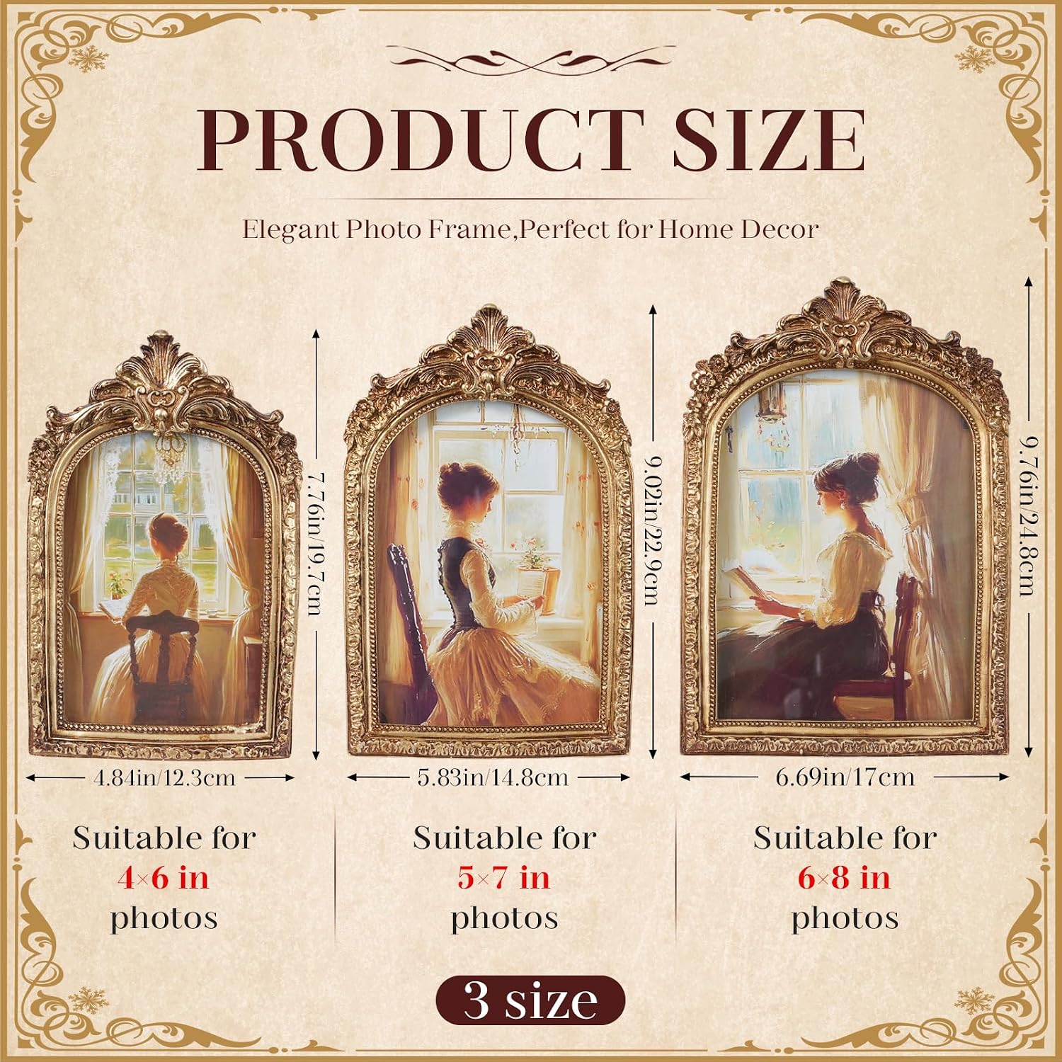 3 pcs vintage picture frames antique set, ornate gold baroque photo frames with real glass for tabletop and wall mount ornate, retro home decor and wall art (4x6, 5x7, 6x8)
