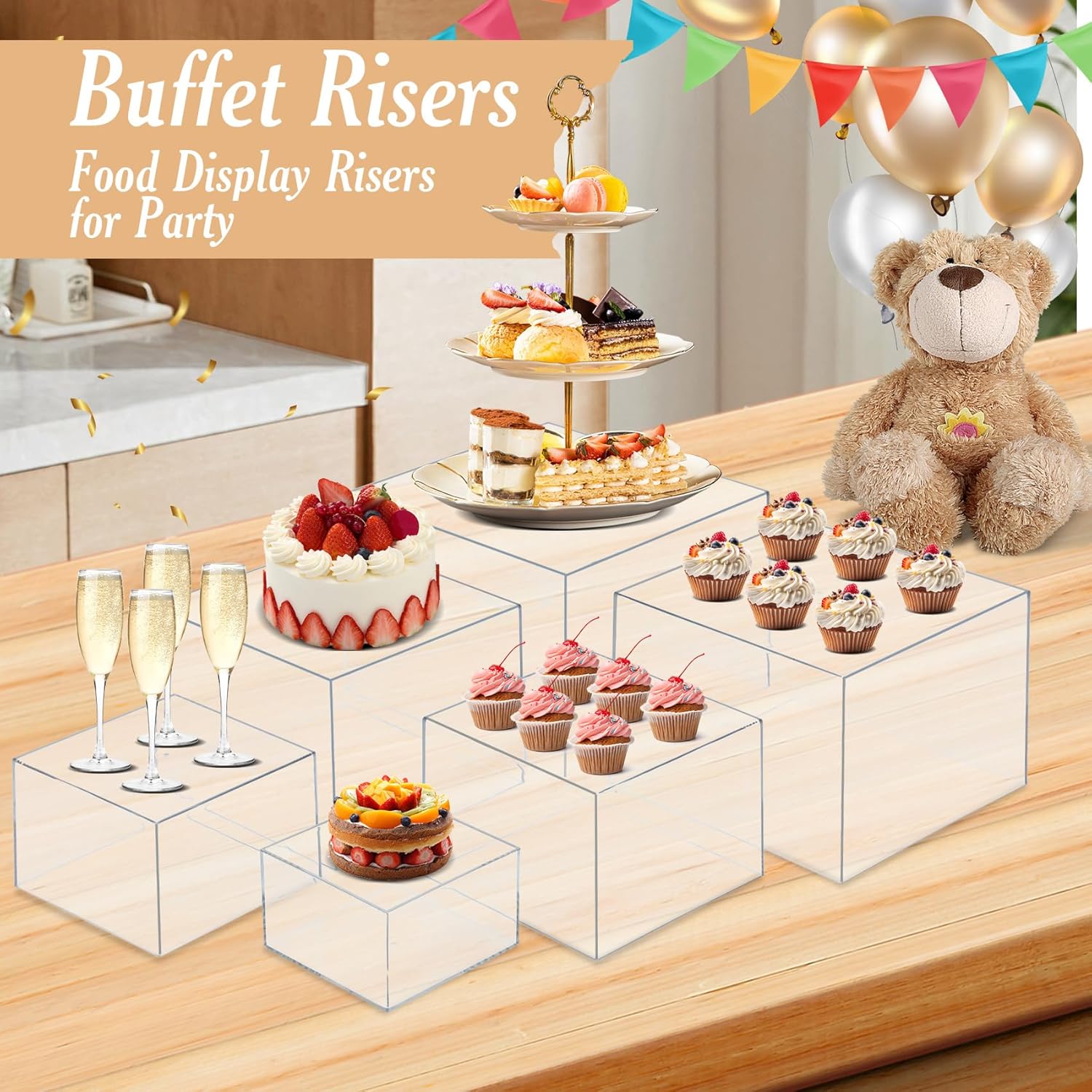 6 PCS Buffet Risers, Large Food Risers for Buffet Table, Food Display Risers for Party, White Acrylic Boxes Dessert Table Display Set, Risers Display Stands (Size 10" 9" 8" 7" 6" 5", Transparent)