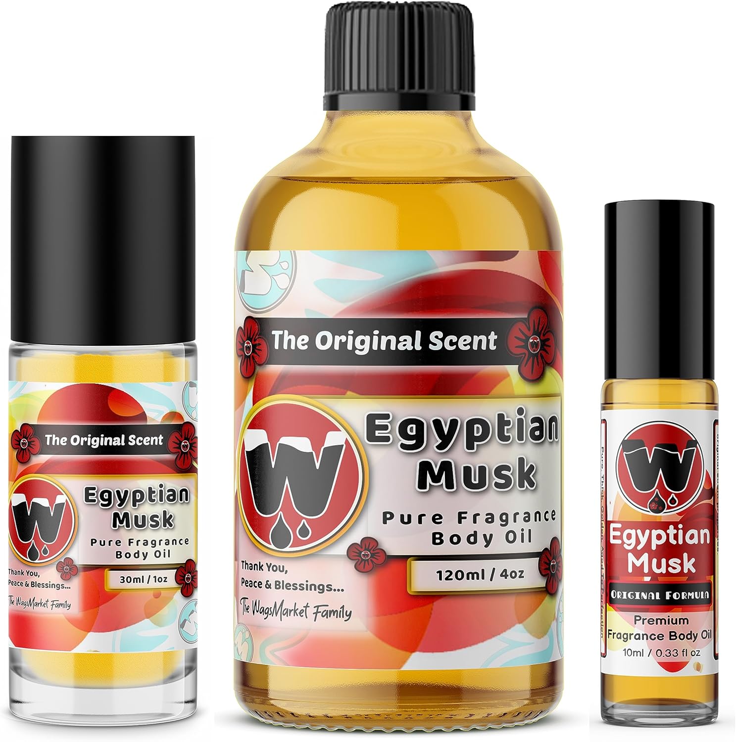 WagsMarket - Egyptian Musk Oil Family Pack (0.33oz Roll On, 1oz Roll On and 4oz Glass Bottle)
