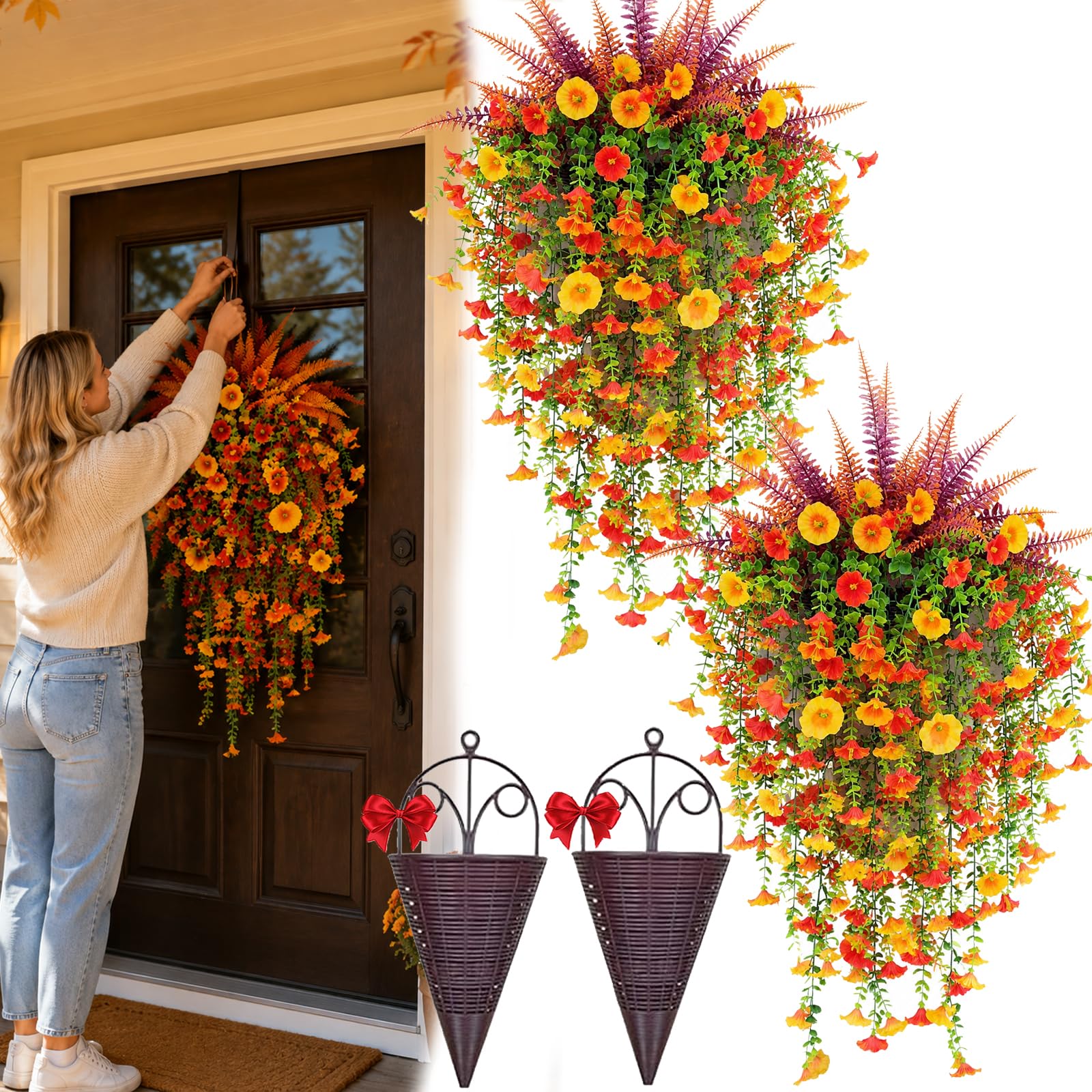 Felce artificiale per decorazione autunnale per esterni, decorazione autunnale per portico e porta, con erba persiana e gloria mattutina, set da 2