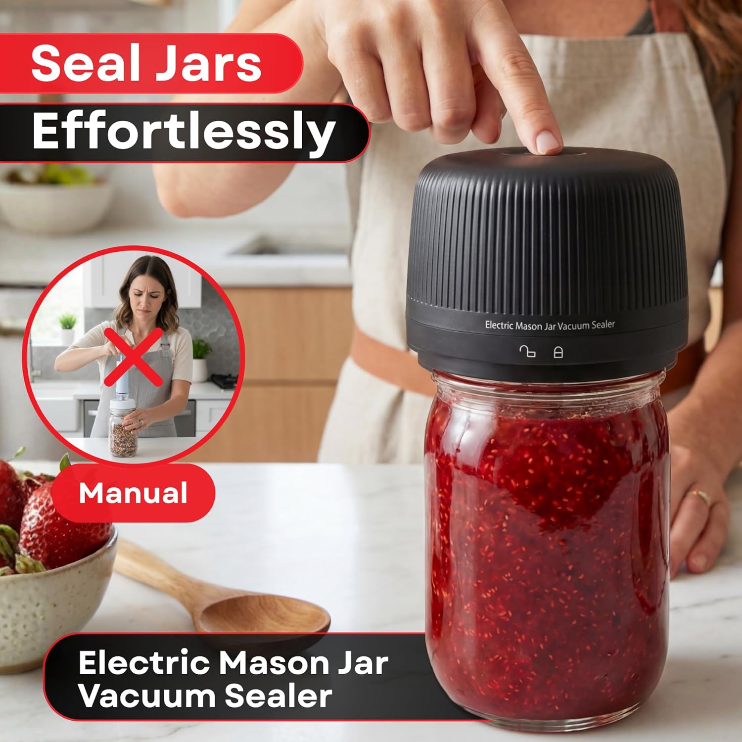 Mason Jar Vacuum Sealer Electric Kit - Rechargeable Automatic Food Preservation System for Wide & Regular Mouth Canning Jars, Bulk Storage Sealing Machine for Home Kitchen