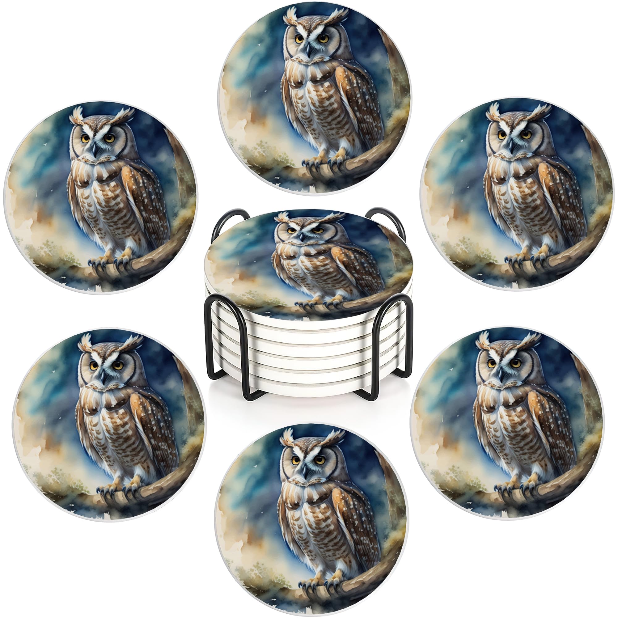 Owl Drink Coasters with Holder,Ceramic Coasters for Tables, Cork Backed Drink Mats for Coffee/Wine,Kitchen & Office Accessories — image 1