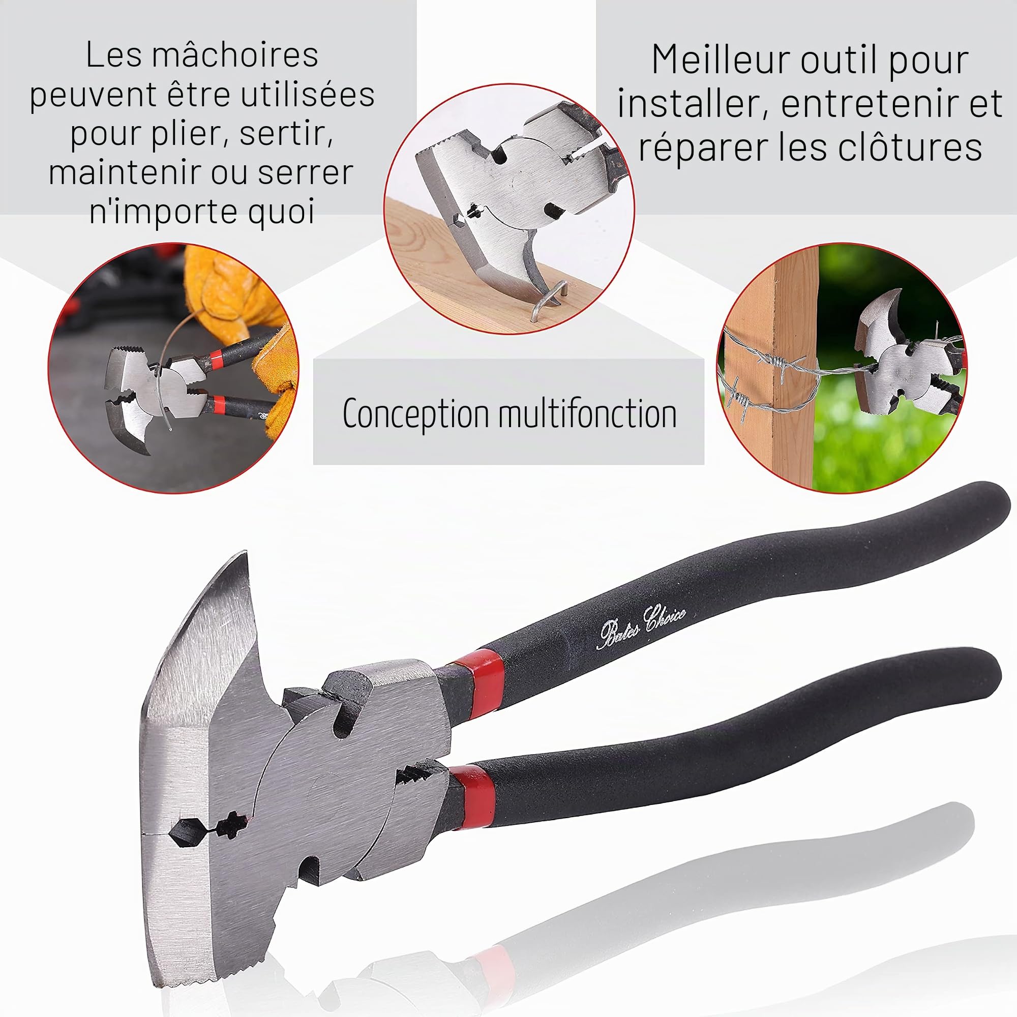 Bates - Pince de clôture - Multi-outils pour clôtures de barbelés - Pince coupante pour clôture, extracteur de clous - Pince coupante - 25,4 cm