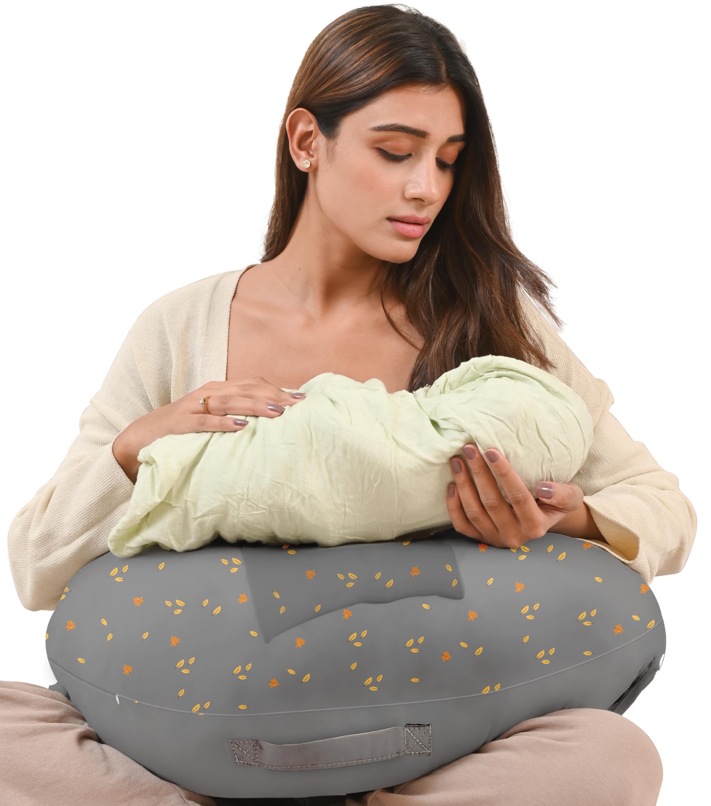 Cherilo Feeding Pillow for New Born Baby, Nursing Pillow for Breastfeeding, Baby Support with Adjustable Belt & Milk Bottle Holder Pocket | Premium Cotton Cover | Grey Leaf-image-7