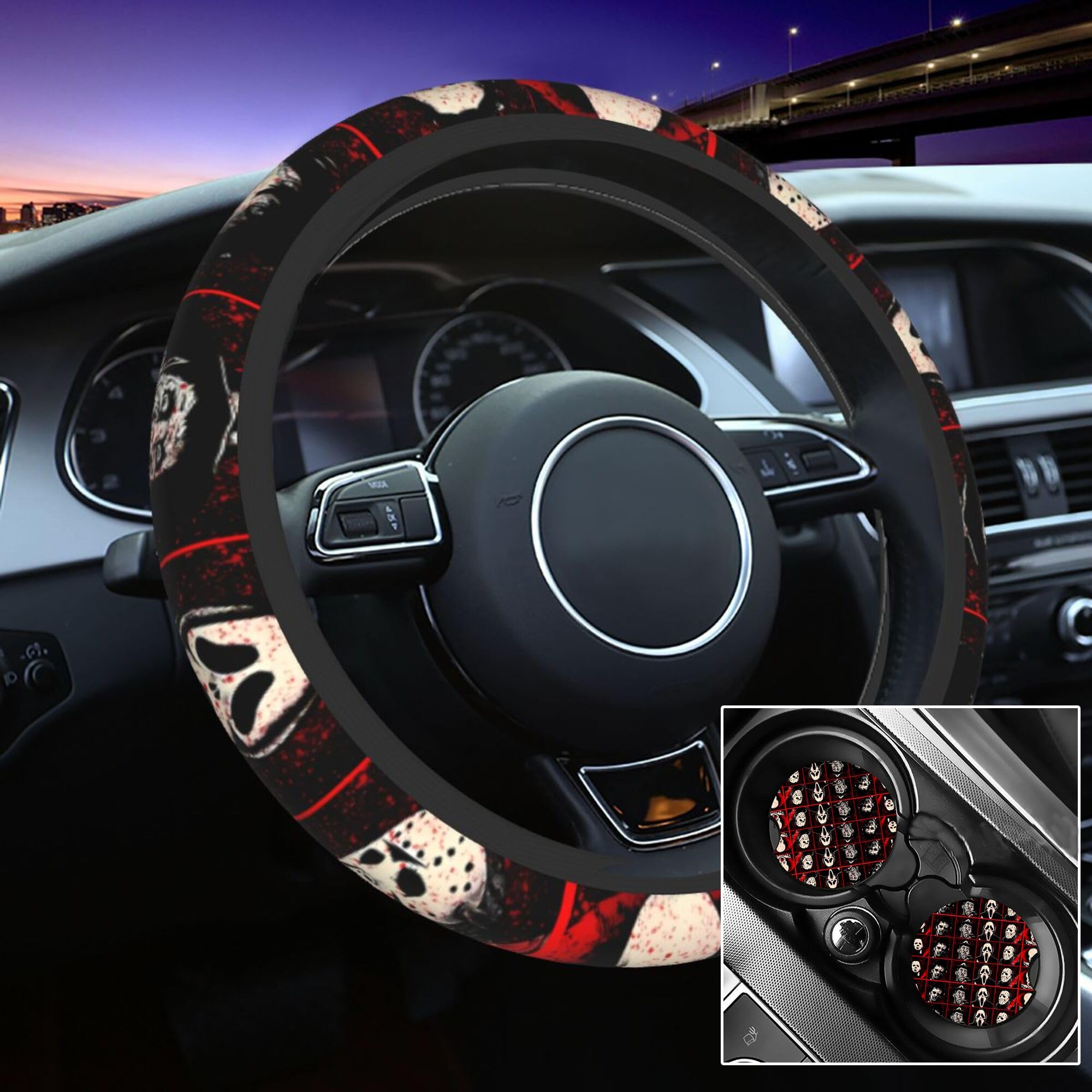 with 2PCS Car Coasters Halloween Horror Movie Steering Wheel Cover Universal 15 in