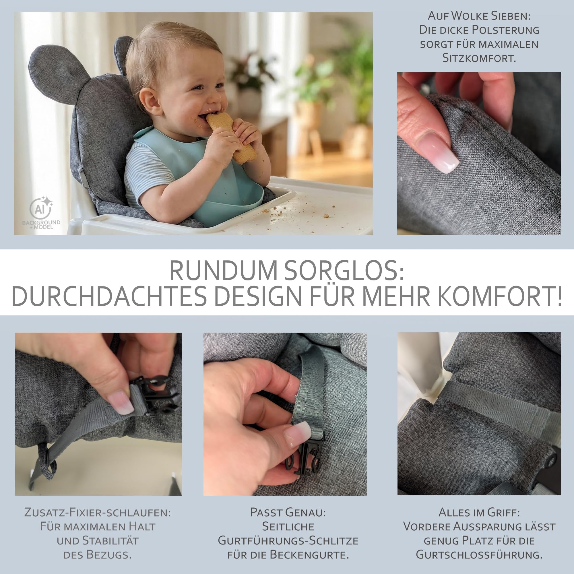 Sitzbezug für Ikea Antilop Hochstuhl, Dunkelgrau meliert Teddy | Sitzverkleinerer, Kissen, extra weich, waschbar, langlebig