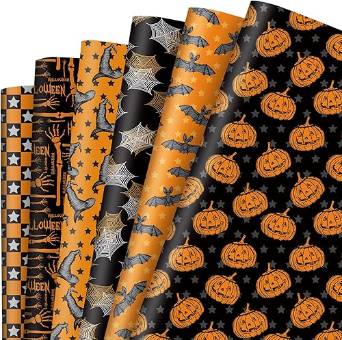 AnyDesign 12 hojas de papel de regalo de Halloween, diseño de calabaza, murciélago, telaraña, sombrero de bruja, papel de regalo plegado a granel,