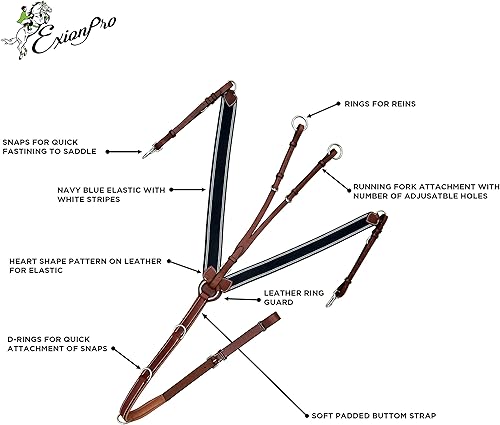 Vista 7 de Exion - Pectoral de caballo acolchado elástico de 3 puntos con accesorio para correr, elástico azul marino con líneas blancas marrón, negro Peto