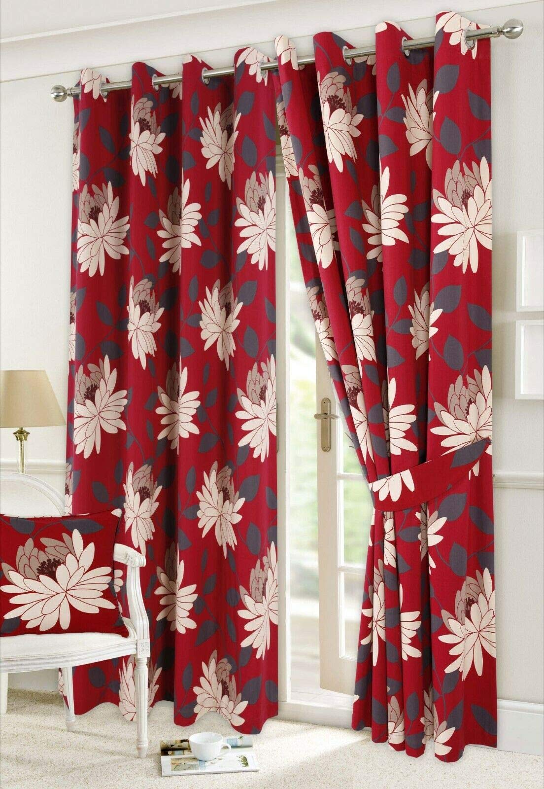 EHD Isla Poppy and Seren Floral Pattern Luxury Curtain Pairs Fully Lined Eyelet Top Curtains With Matching Tie Backs (Seren Red, 66" x 72")