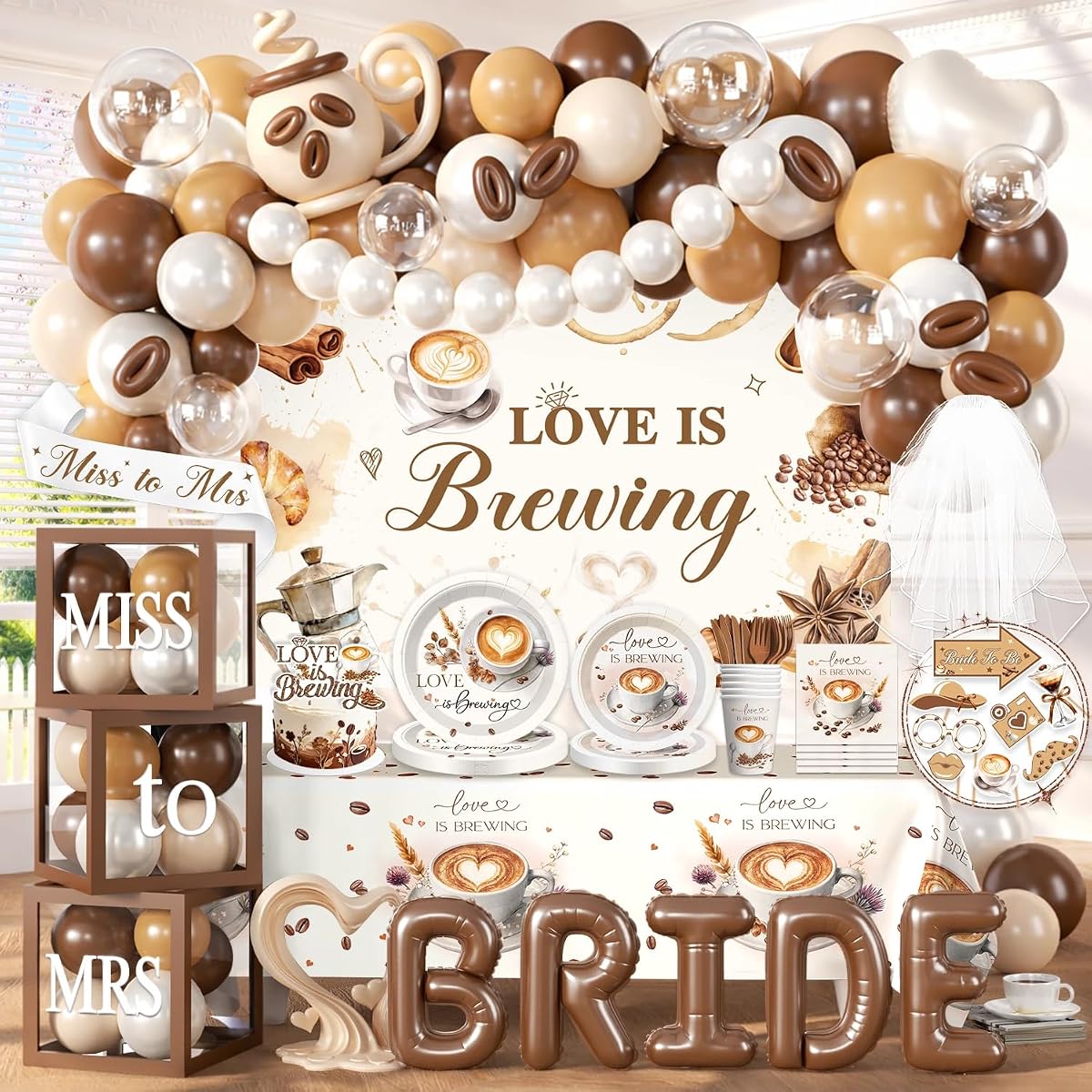316 piezas de decoración de despedida de soltera Love Is Brewing, juego de decoración de despedida de soltera todo en uno para 25 invitados con arco de globo, velo de novia, mantel, telón de fondo, adorno para tarta, platos gruesos y accesorios para fotografías