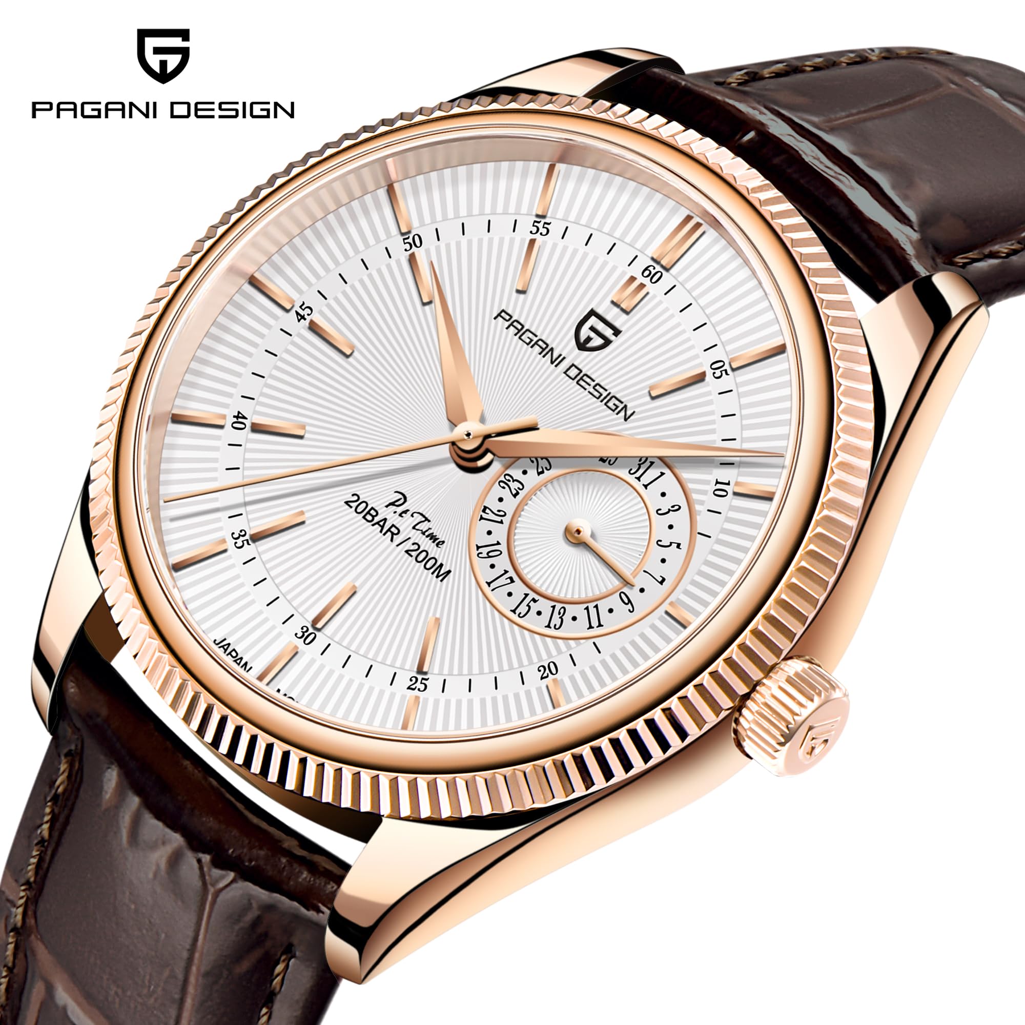 Pagani Design Herrenuhr 40mm – Luxus Analoge Quarzuhr mit Saphirglas, 200M Wasserdicht, Japanisches Uhrwerk & Datumsanzeige – Edelstahl & Leder Business Armbanduhr für Männer