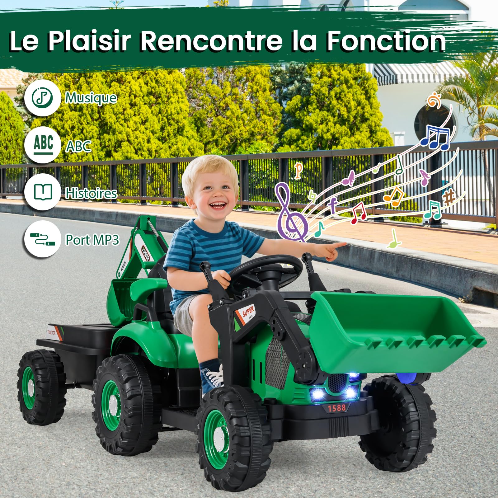 COSTWAY 12V Tracteur Électrique Enfant avec Pelle & Godet Réglables, Remorque Amovible, Télécommande, 1,7-4,2 km/h, 3-8 Ans Vert