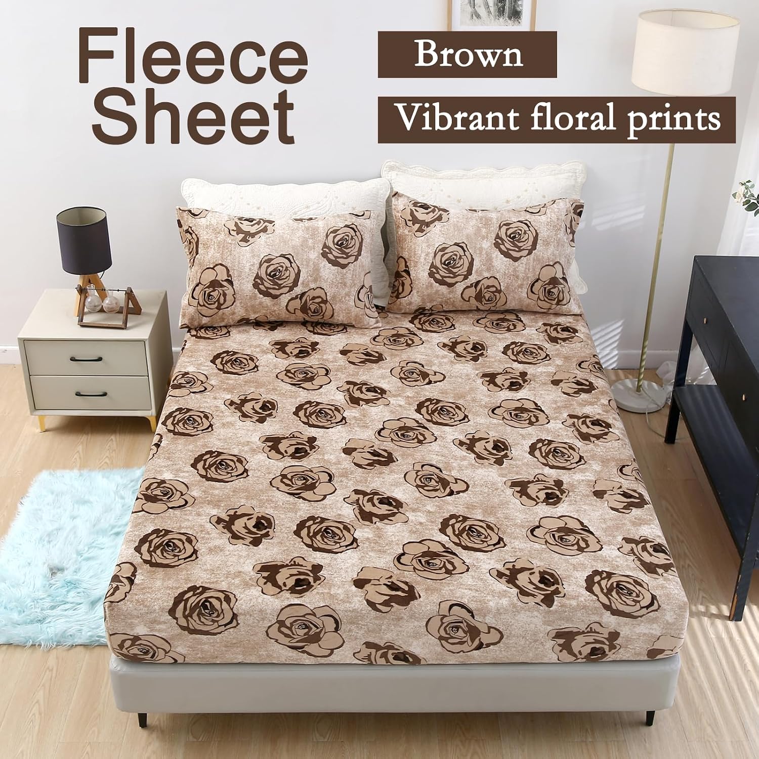 MAG 3Pcs Velvet Fleece Fitted Sheet Full Size with Brown Floral Pattern,Cute Fluffy Warm Flower Print Decor Bottom Bed Sheets for All Ages,Included 1*Fitted Sheet and 2*Pillowcases. image 2