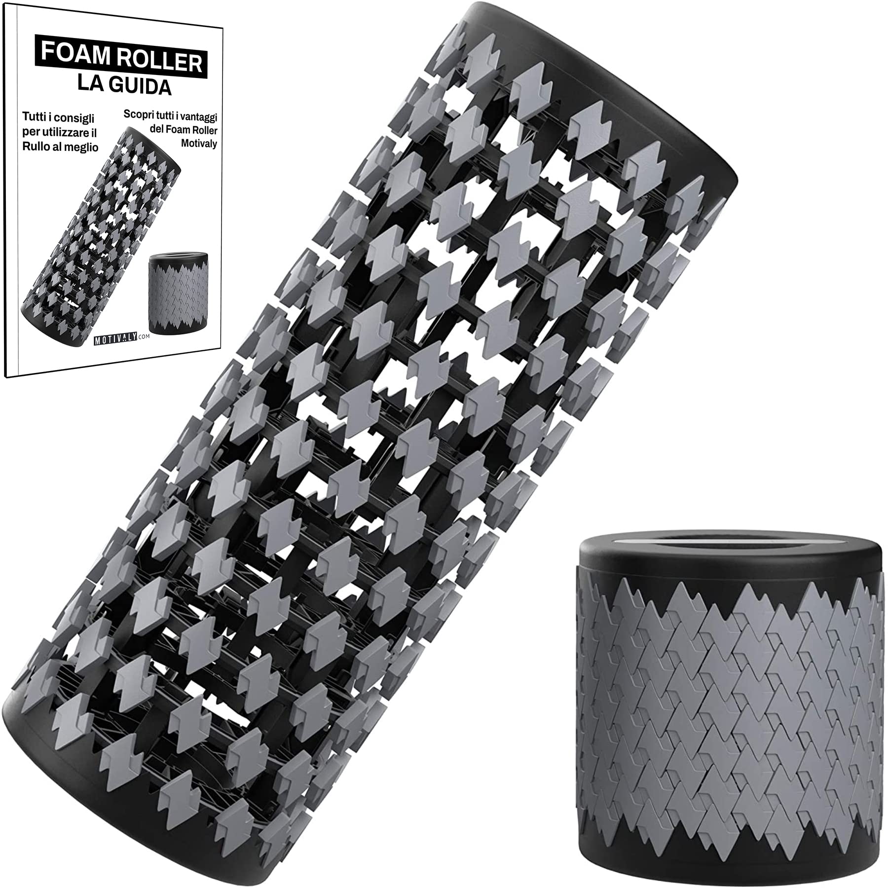 Foam Roller Allungabile - Rullo Massaggio Muscolare Portabile da 30cm a 13cm | Testine 3D Rilascio Miofasciale, Trigger Point, Recupero Dolore Muscolatura, Mobilità e Rigidità | Ebook Gratis