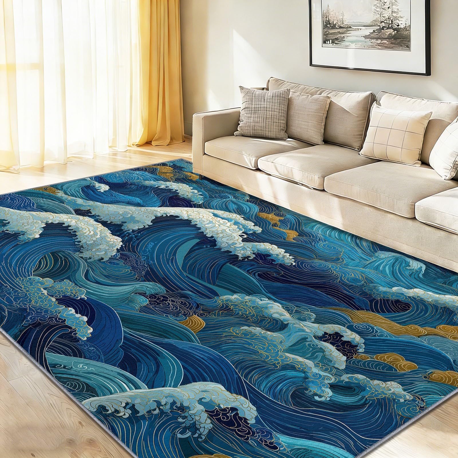 Tapis de salon plage grand format 160x230 moderne bleu