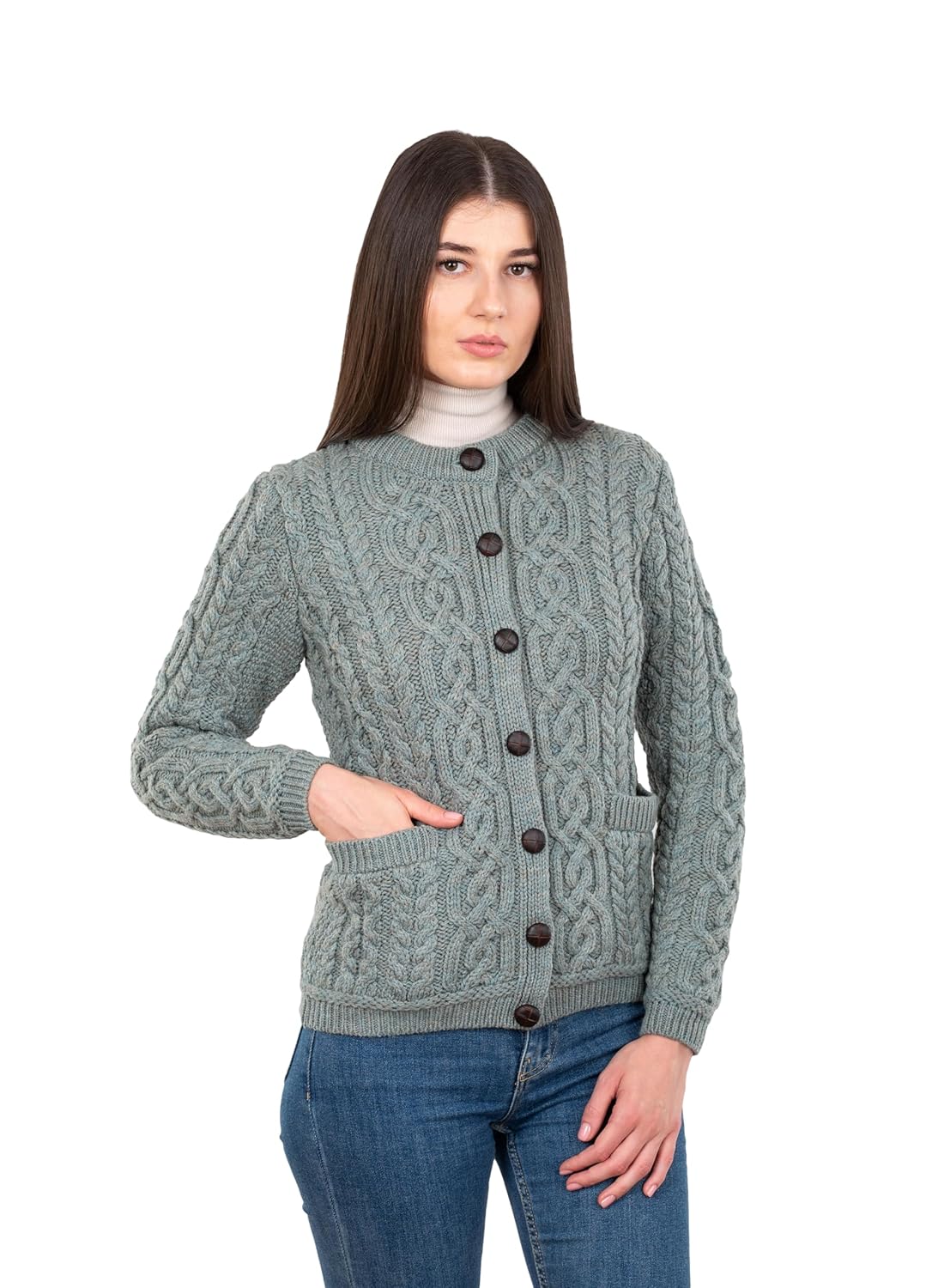 SAOL 100 Merino Wool Ladies Irish Buttons Knit Cardigan Lumber Jacket with Pockets