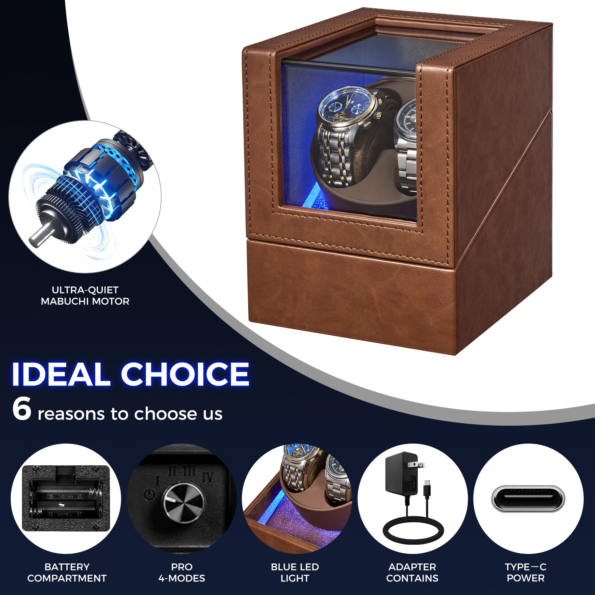 BEWISHOME Uhrenbeweger 2 Uhren, Automatik Uhrenbeweger mit LED-Beleuchtung | und 4 Modi, Watch Winder Uhrendreher mit Japanischem Leisem Motor, Typ-C-Adapter oder batteriebetrieben, ESYQ02Z