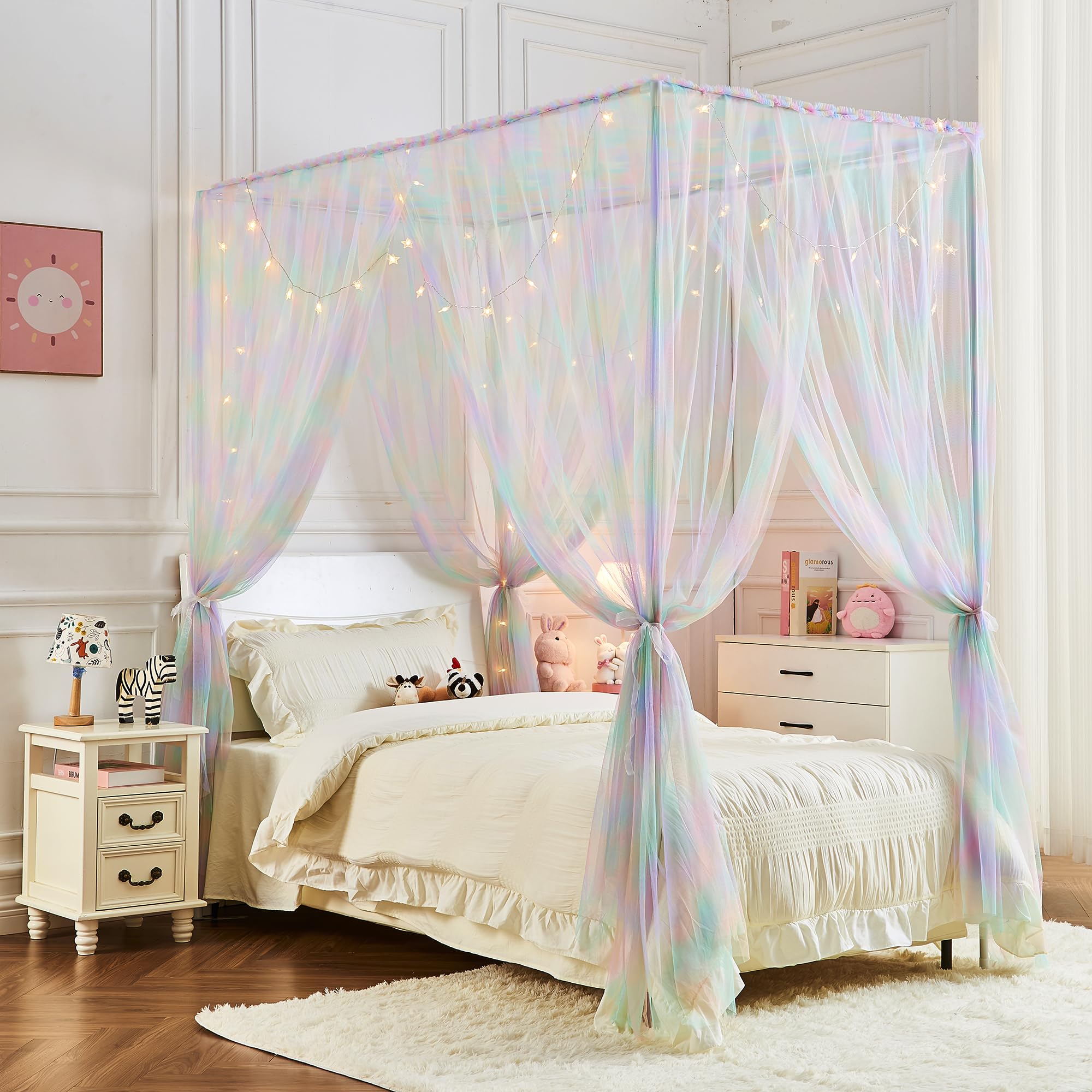 JQWUPUP Pink Rainbow Bed Canopy for Girls Kids, 4 Corner Post Romantic Princess Canopy Bed Curtains Twin for Bedroom Decor