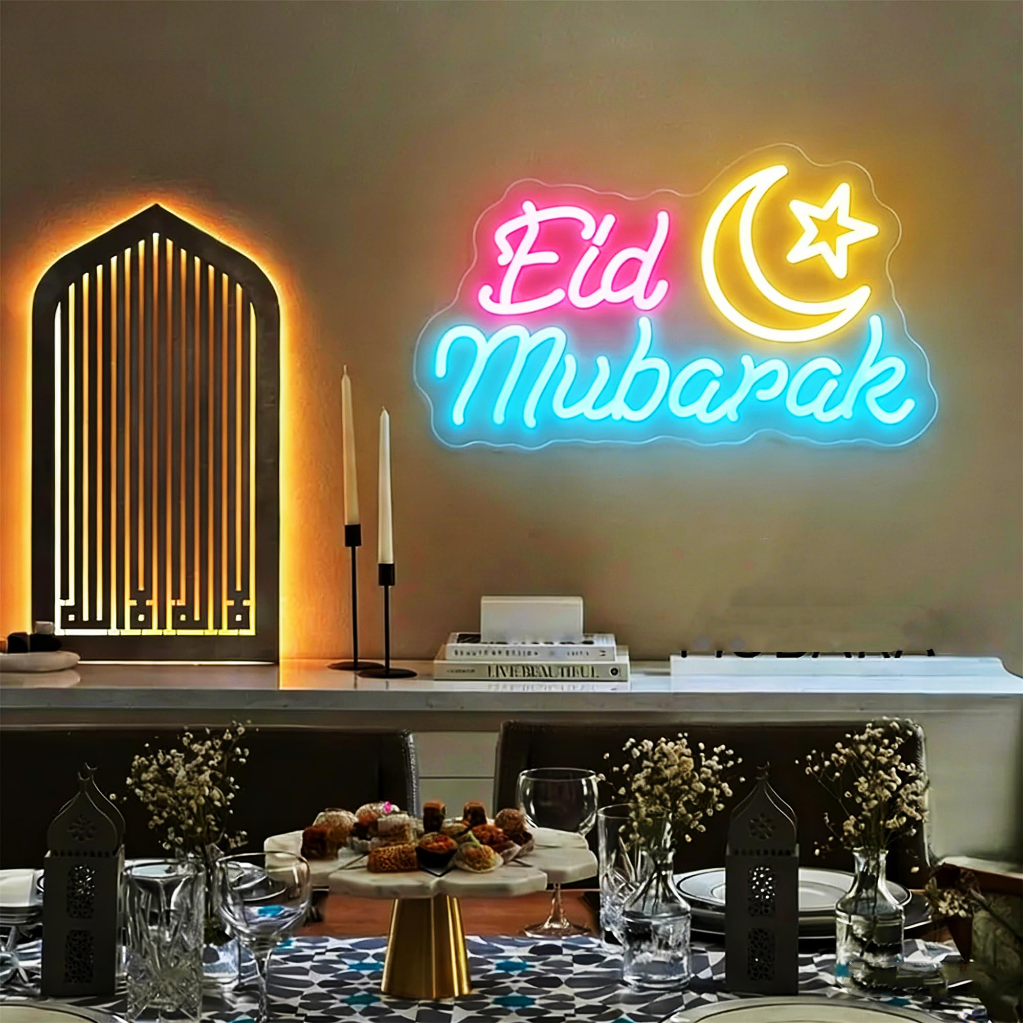 Insegna al neon con luna crescente Eid Mubarak, Ramadan Kareem, con interruttore dimmerabile e 1 catena da appendere per decorazione da parete, regalo per la casa del festival islamico, alimentato