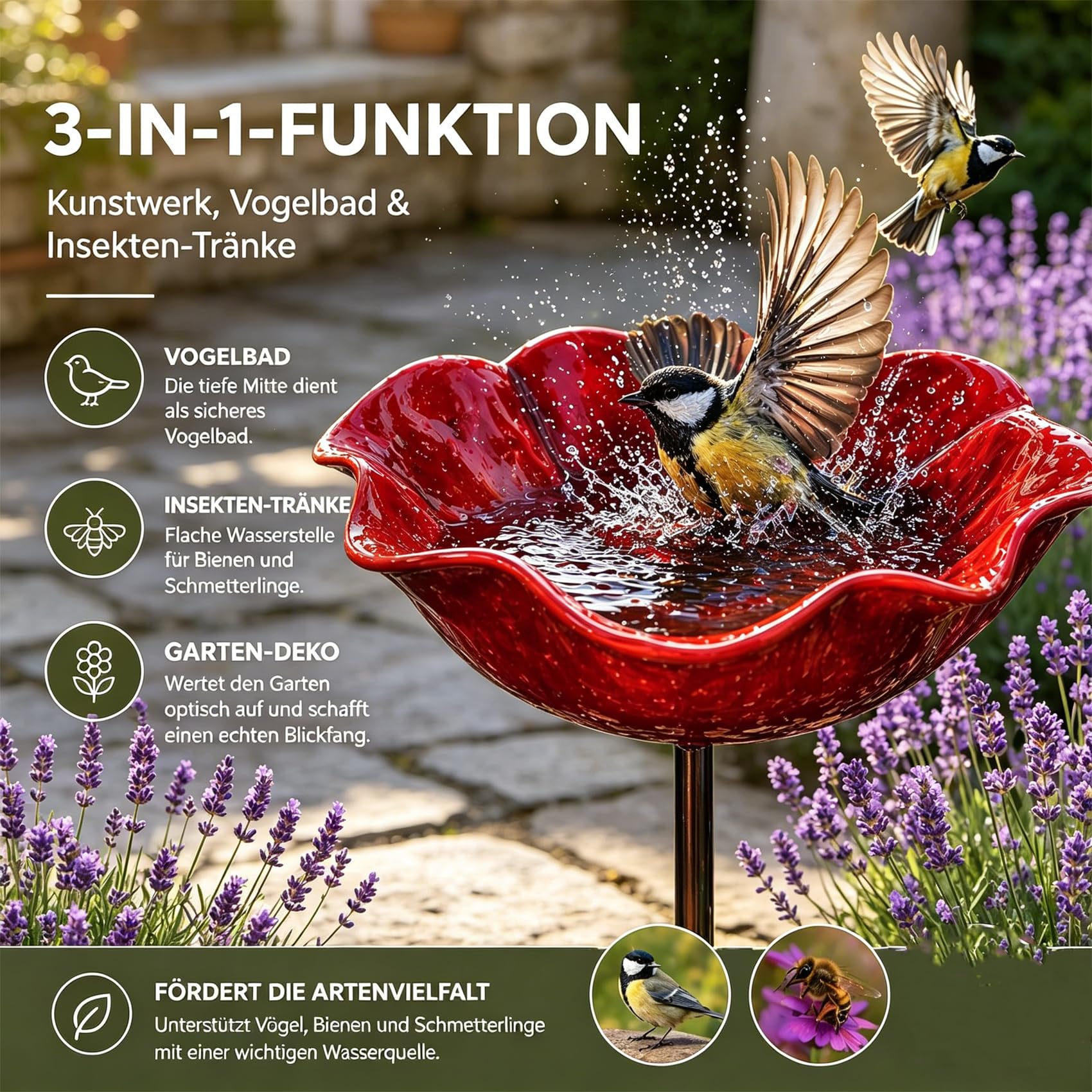 Blumen Gartenstecker VogelträNke, 3/4 Stück Handgefertigter Gartenstecker Aus Metall Als Bienentränke & Vogelbad, Bienentränken Blume für Den Garten (3 Stück-B)