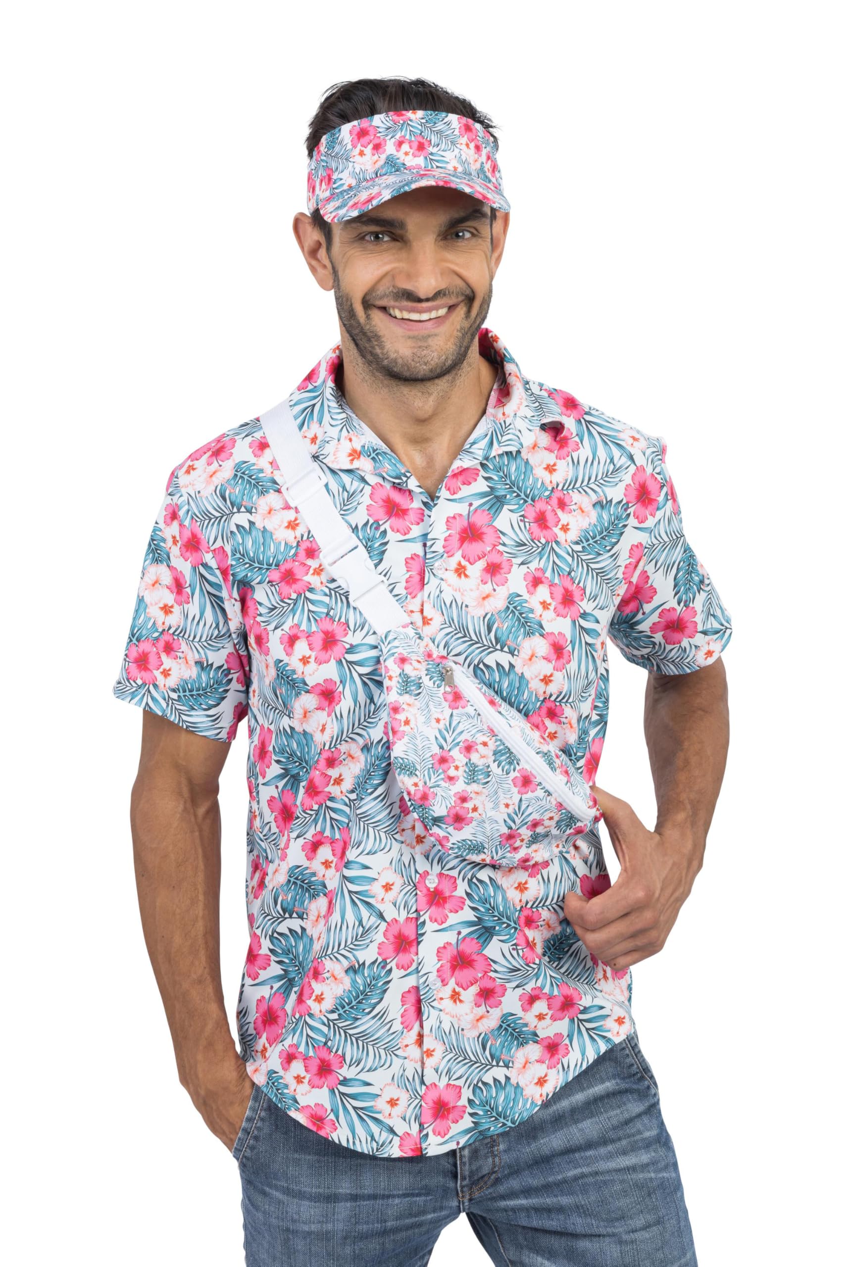 Chaks - Camicia hawaiana da uomo con motivo ibisco in rosa brillante, camicia estiva a maniche corte per feste, festival, vacanze e moda mare