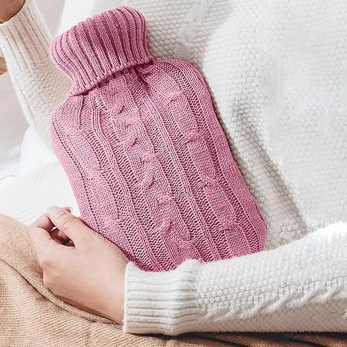 Miniatura 8 de Paquete de 2 botellas de agua caliente con funda de punto, bolsa de calor de goma para compresas frías y calientes, botellas de calor de agua