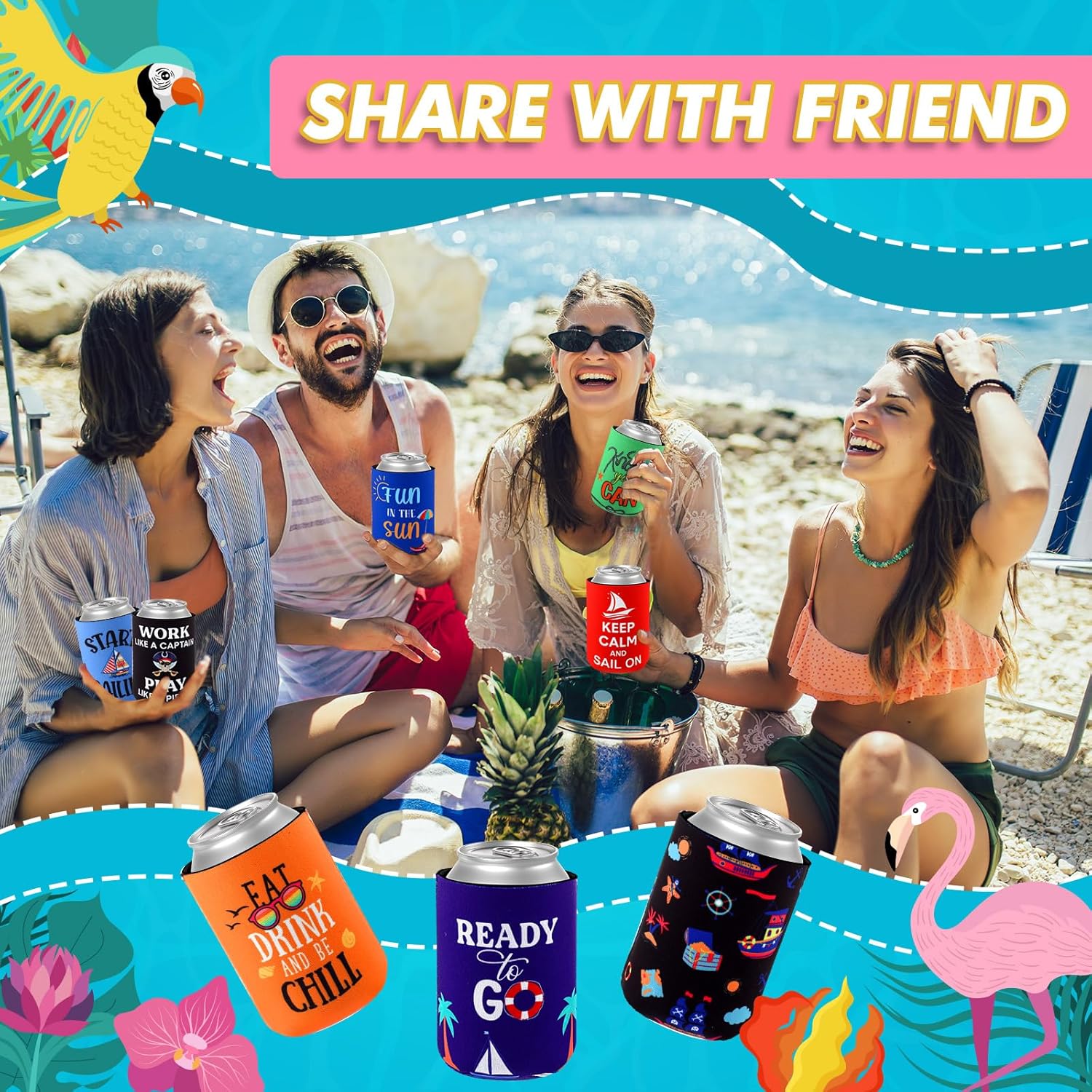 Dandat 24 Pack Insulated Neoprene Can Cooler Sleeves for Drink,Beach Themed Can Cooler Collapsible Beverages Drink Holders with Funny Quotes for Soda Cans, Bottles, BBQs, Party Favors 6.5 x 3.3 Inch - Image 6