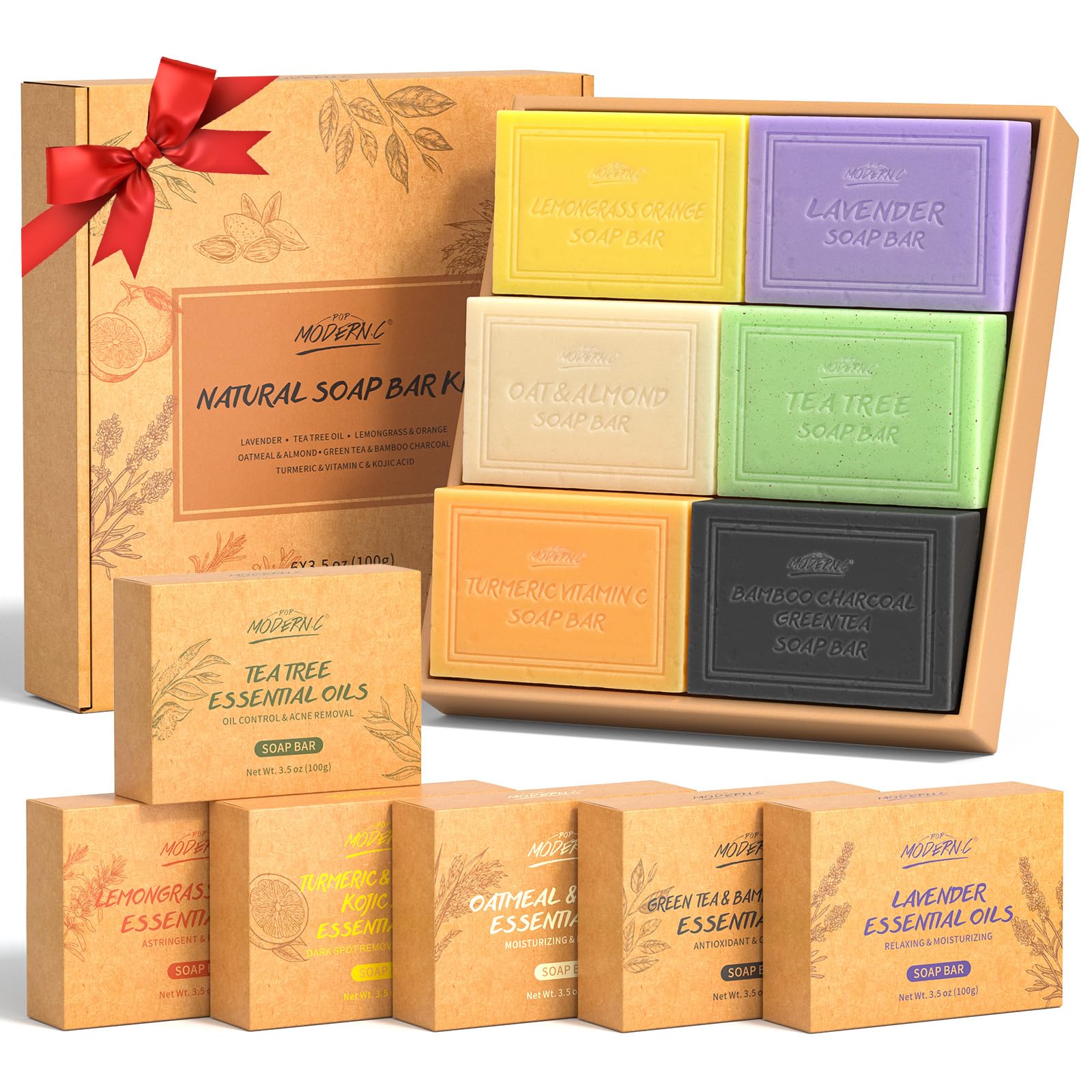 Natural Soap Bar Gift Set for Mum, Body Wash Soap Bars Organic Soaps For Women & Men, Lavender, Tea Tree, Lemongrass Orange, Oatmeal Almond, Green Tea Bamboo Charcoal, Turmeric Vitamin C Kojic Acid