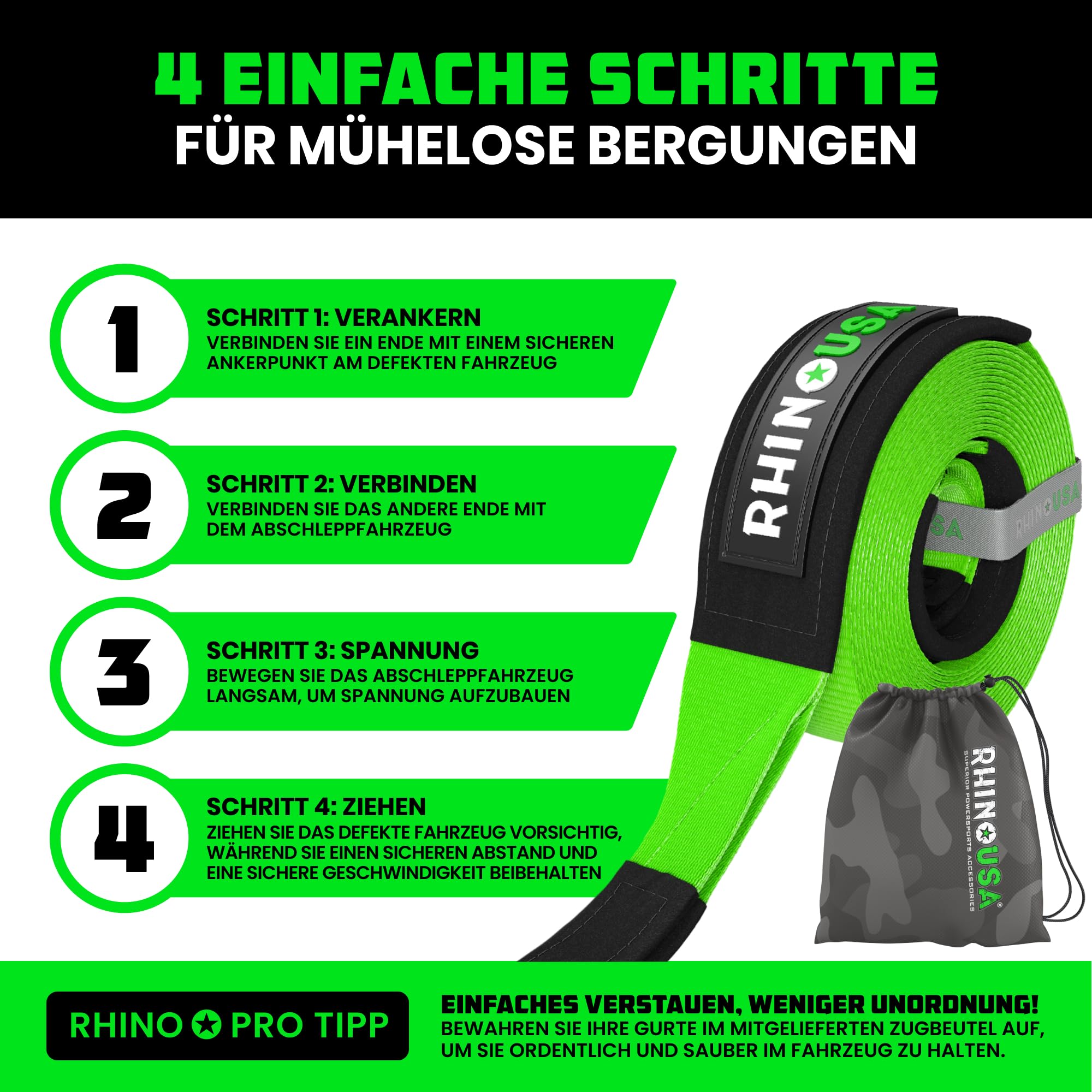 Rhino USA Abschleppgurt (7,6 cm x 9,1 m) - 13.600 kg Bruchfestigkeit - Notfall-Wiederherstellungsstrap für Truck, UTV, ATV - Abschleppseil - Schwerlast-Abschleppgurt für Offroad 4X4 Nutzung - Grün