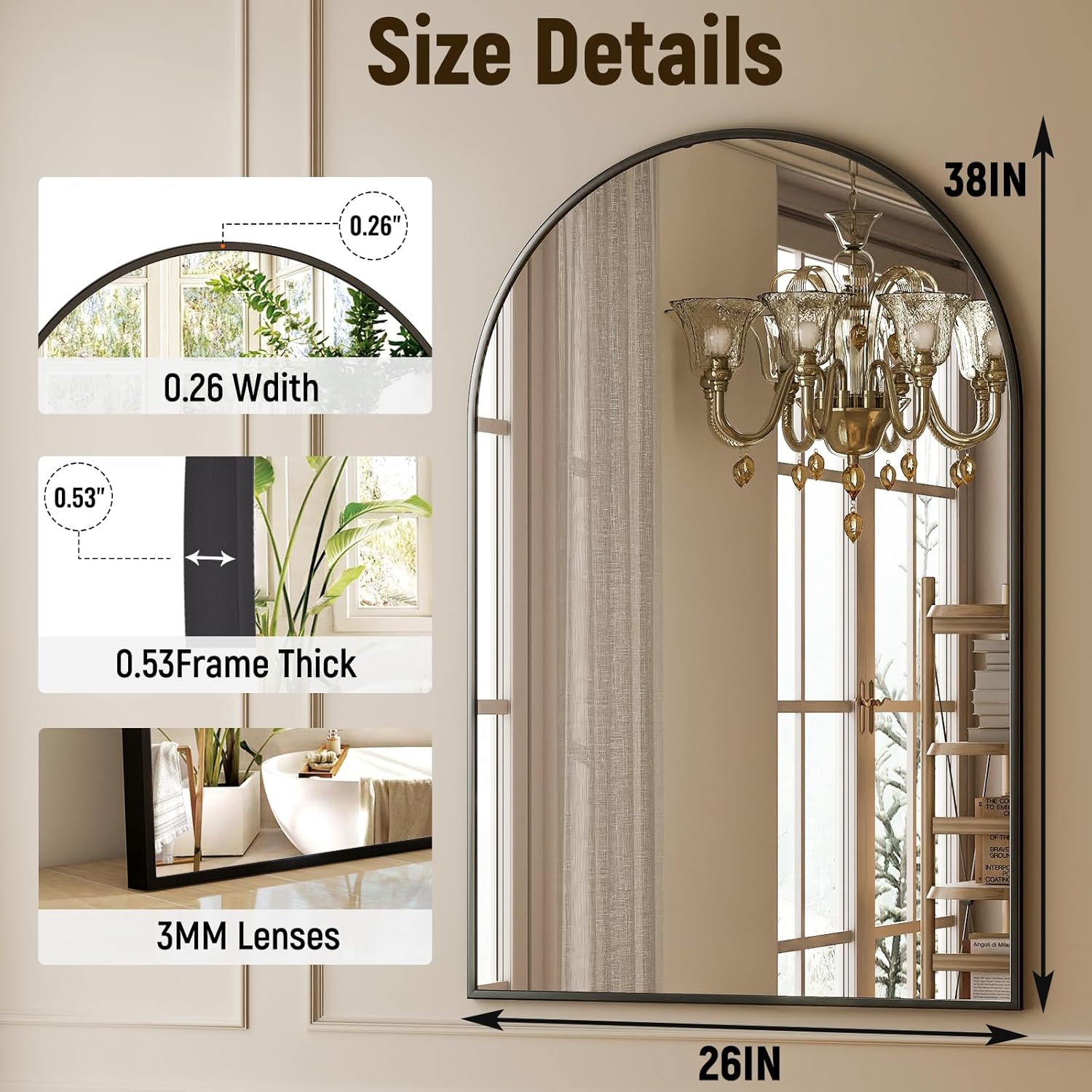 GLSLAND 26x38 inch Arch Bathroom Mirror - Arched Bathroom Mirror/Wall Mounted Vanity Mirror - Arch Metal Frame Wall Mirror for Bathroom Bedroom Living Room, Black