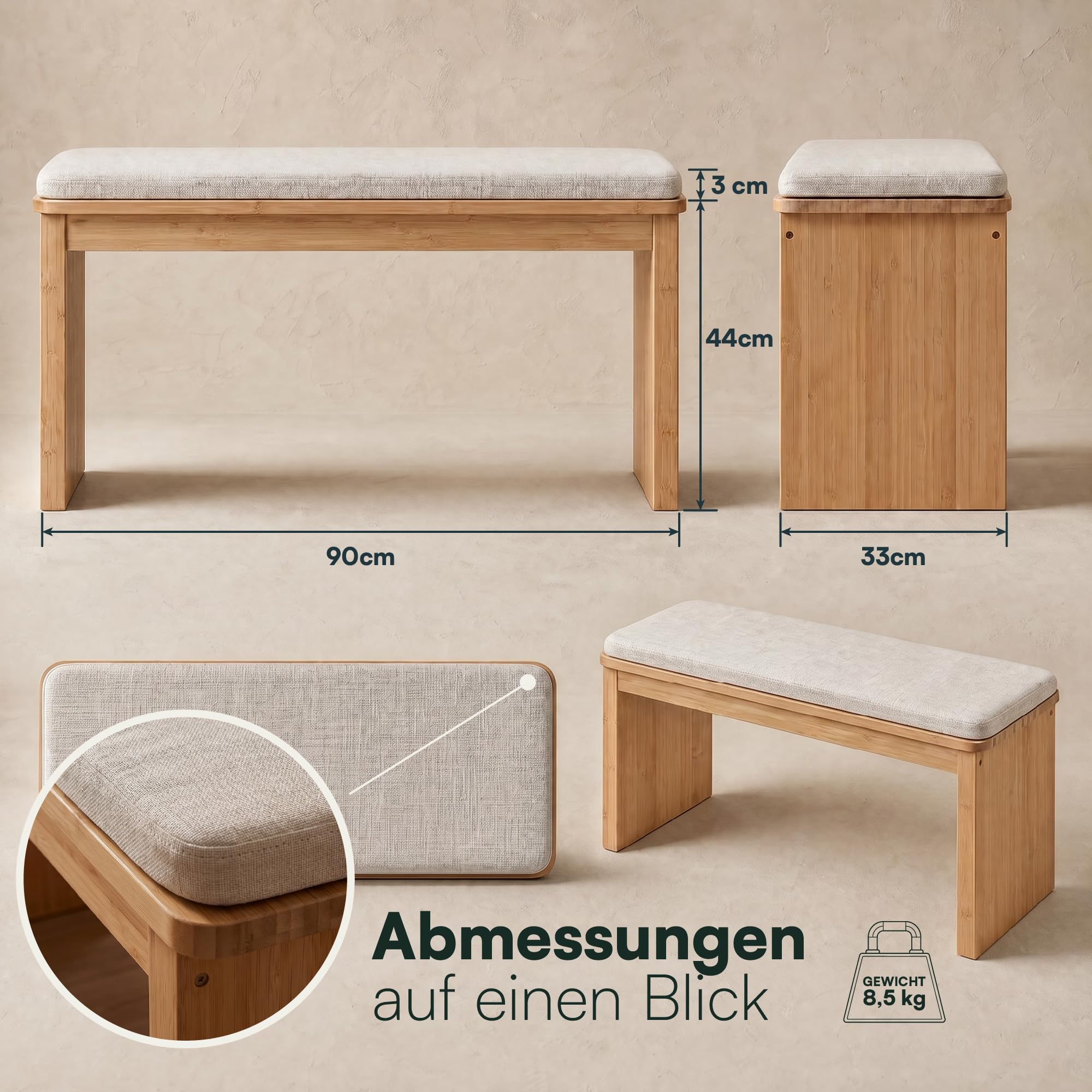 Bambus Sitzbank Flur - Flur Möbel - Bettbank - Polsterbank aus Bambus | BAM BOO BOX Sitzbank Holz Bambus 90x33x43 cm - Bank Flur, Bettbank, Polsterbank, Flurbank fürs Schlafzimmer & Wohnzimmer