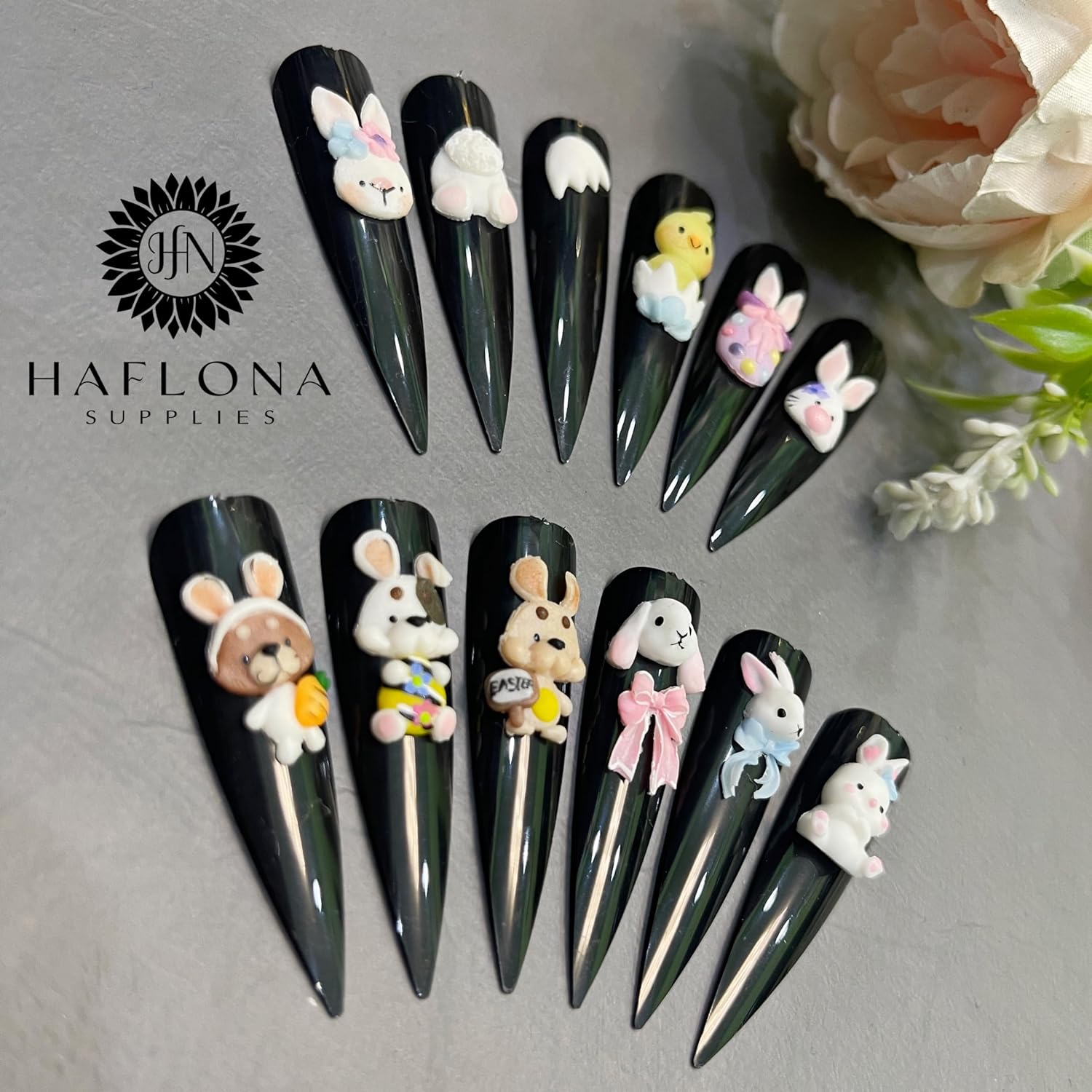 3D Acrylic Easter Character : RABIT, Chicken, Bear Nail Art Charms Handmade by Acrylic Powder - 24pcs Flowers Nail Rhinestones Kit 3D Nails Design Acrylic Nail Art for Women (Easter Nails)