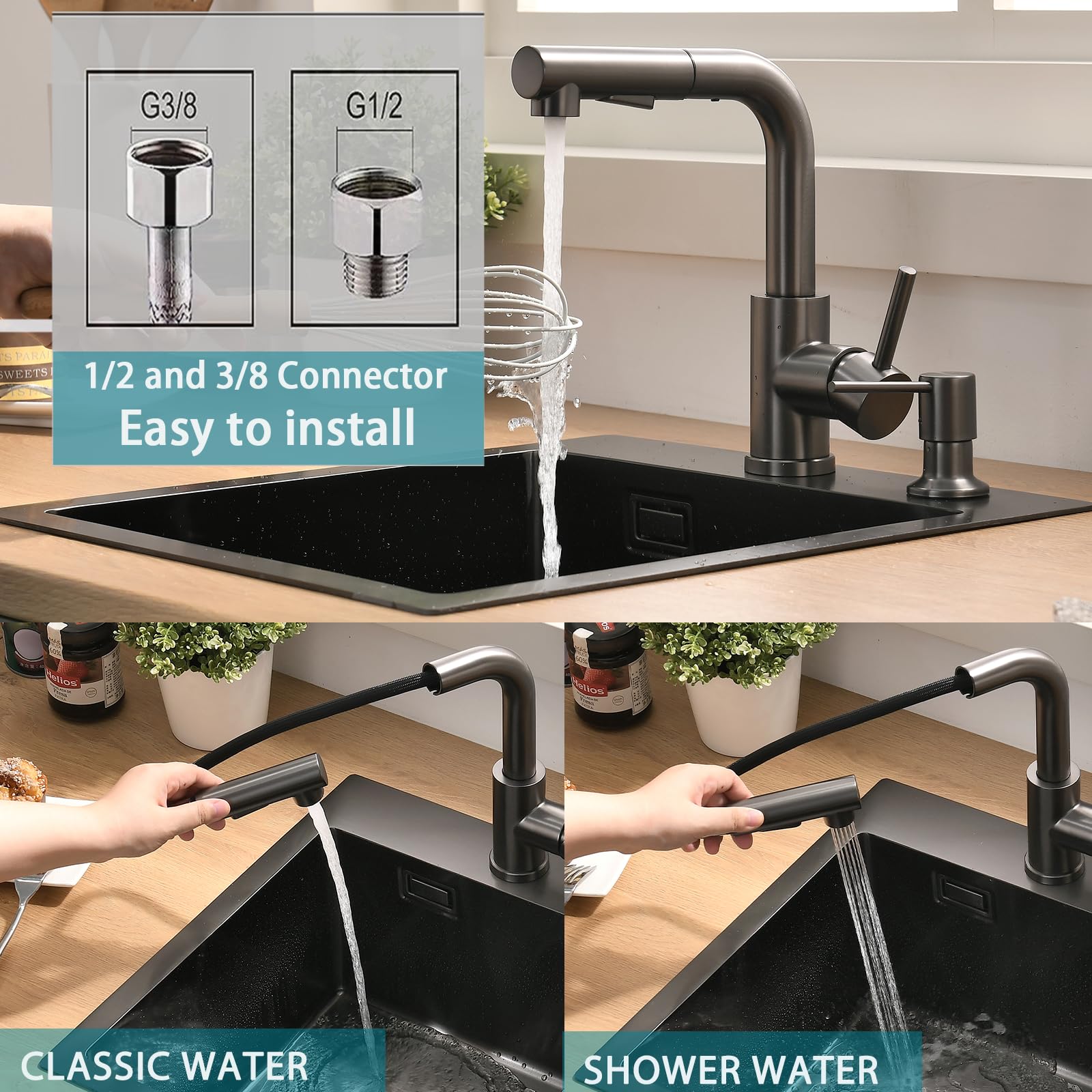 Fregadero de acero inoxidable 40 x 45 cm antracita + grifo de cocina extensible, juego completo de fregadero de cocina BoomHoze cuadrado empotrable pequeño para armario bajo de 40 cm