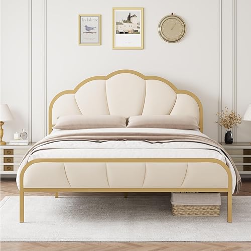 Base de cama tamaño Queen, base de cama tapizada con cabecera de pétalos de terciopelo, estribo, listones de madera fuertes, no necesita somier,