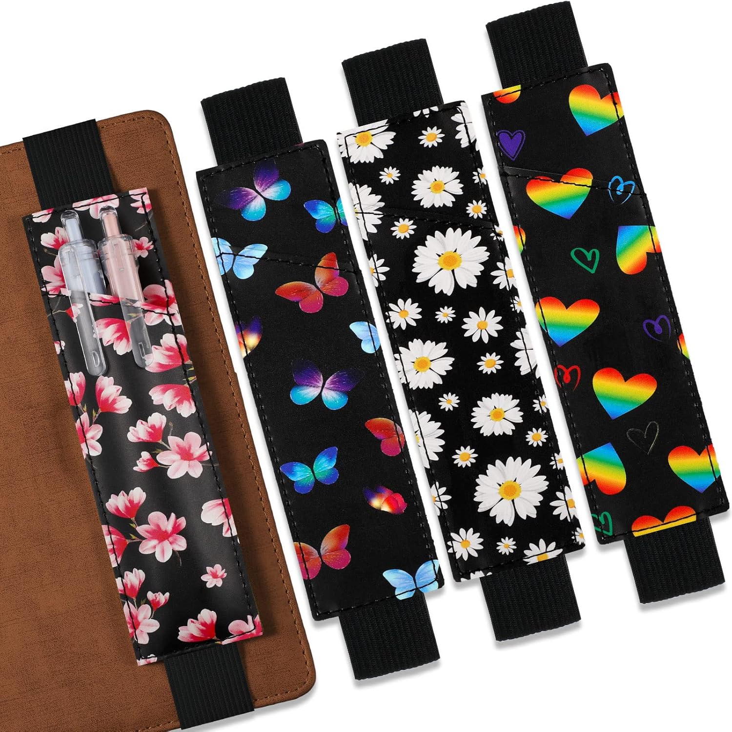 Crtiin 4 Pieces Adjustable Elastic Band Pen Holder, Pencil Holder, Pen Sleeve Pouch for Hardcover Journals, Notebooks for Back to School Gift, PU Leather 8 x 1.5 Inch(Blossom)